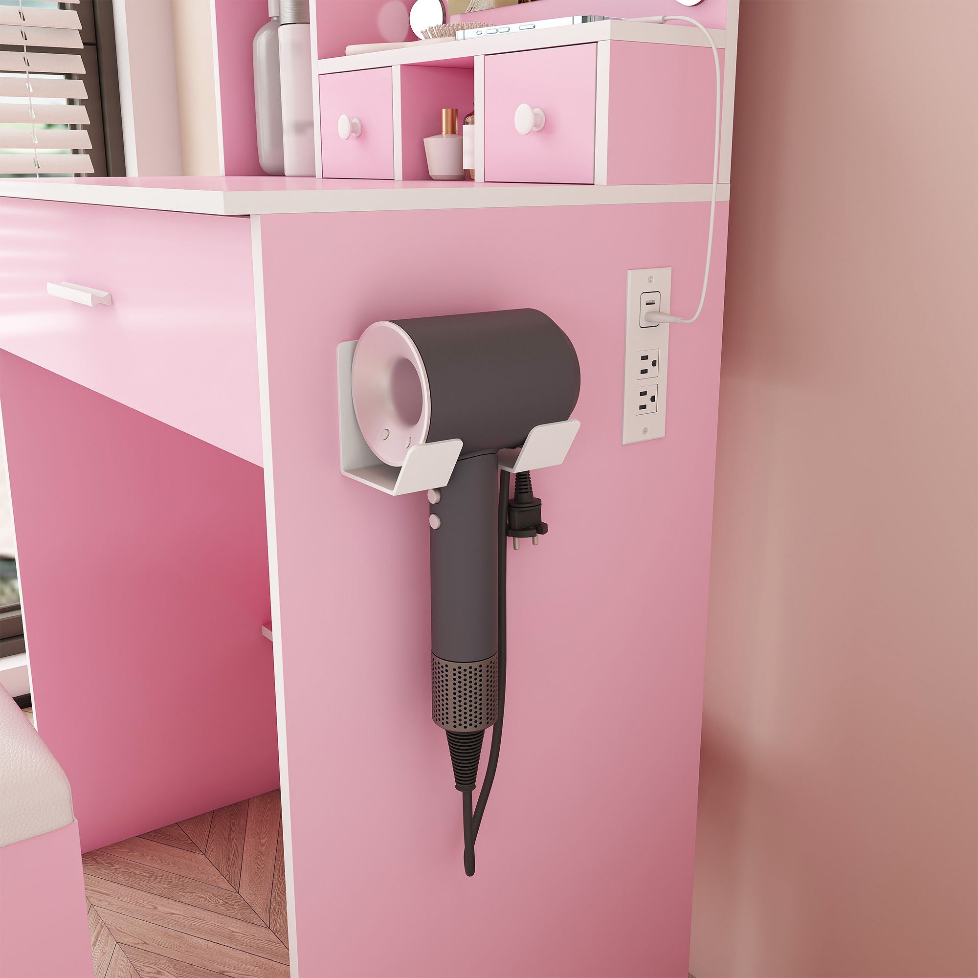 Vanity Table With Mirror, Adjustable LED Lights, Power Outlet, Hairdryer Holder & Stool