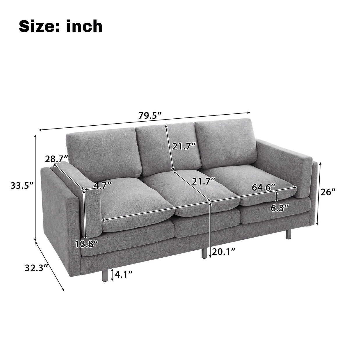 3 Seater Sofa With Dual Layer Seat Cushions