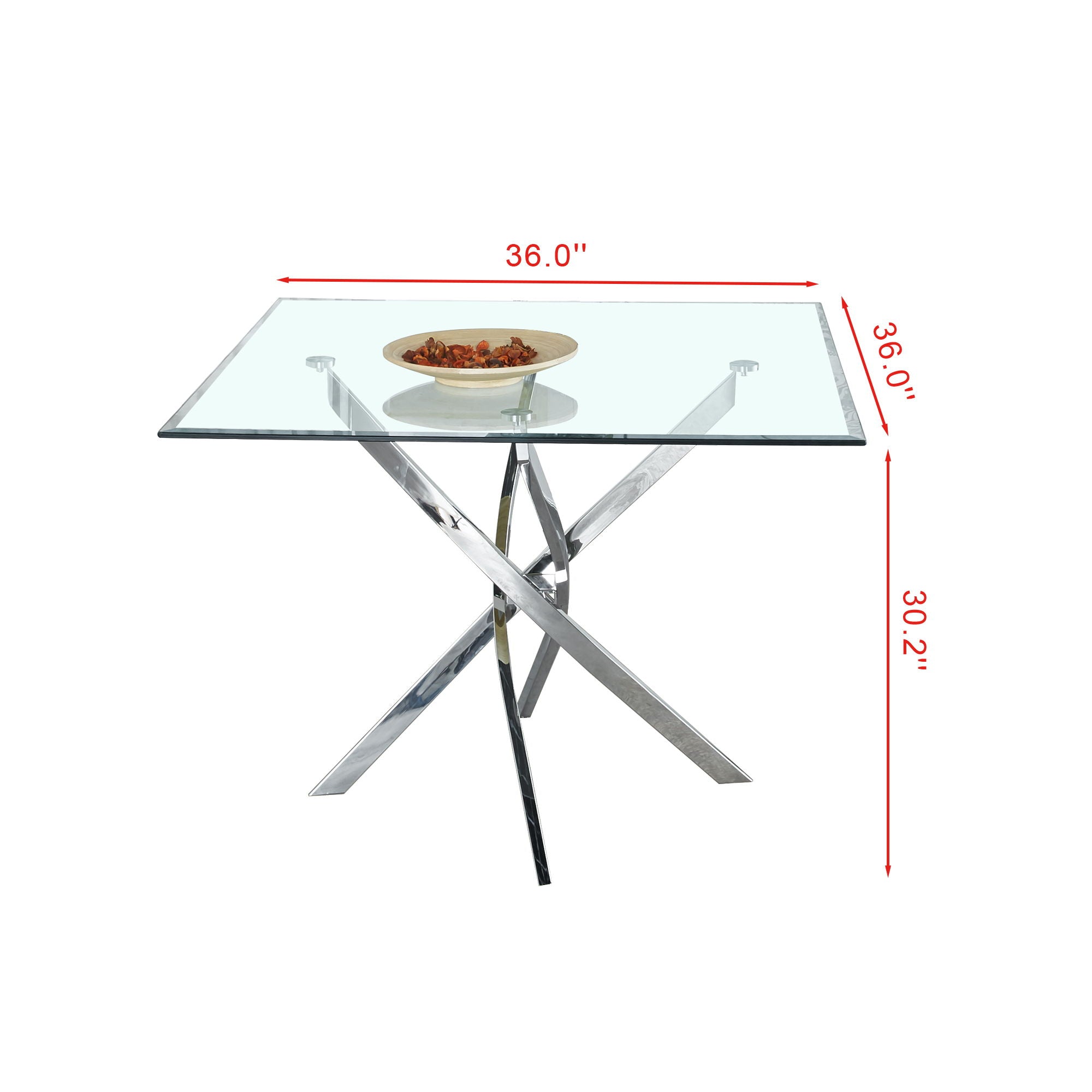 Contemporary Square Clear Dining Tempered Glass Table With Stainless Steel Legs