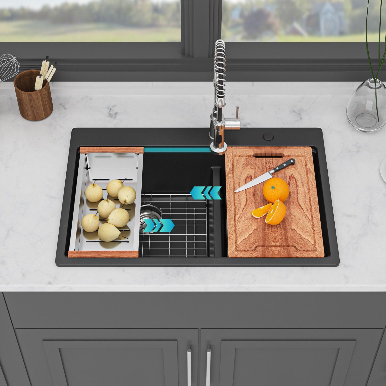 Quartz Kitchen Sink, Double Bowl Undermount Workstation