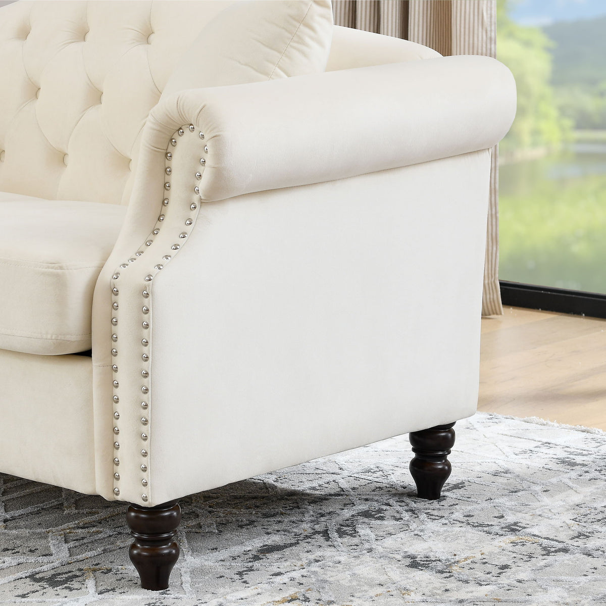2 Seater Chesterfield Sofa With Rolled Arms And Nailhead Trim For Living Room