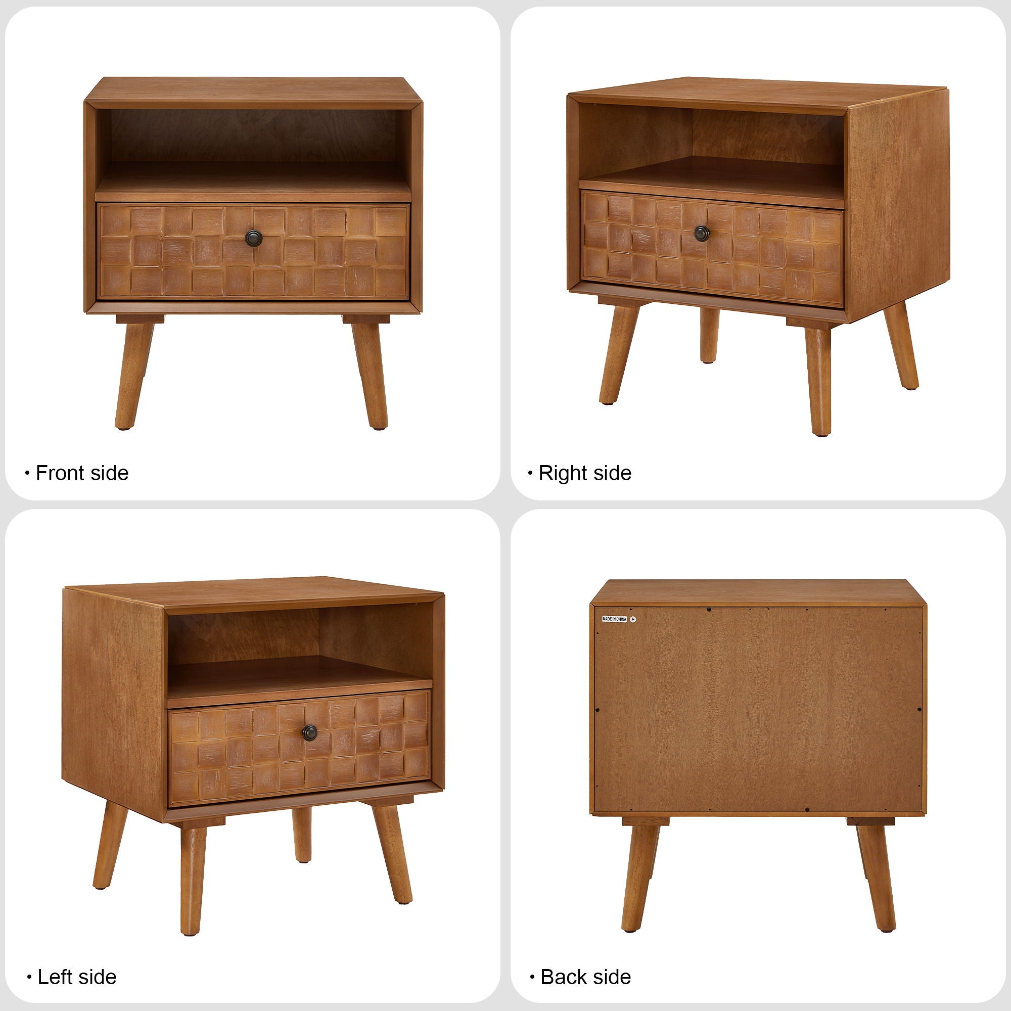 Nightstand With Carved Geometric Drawer Front, 1 Drawer And Open Shelf