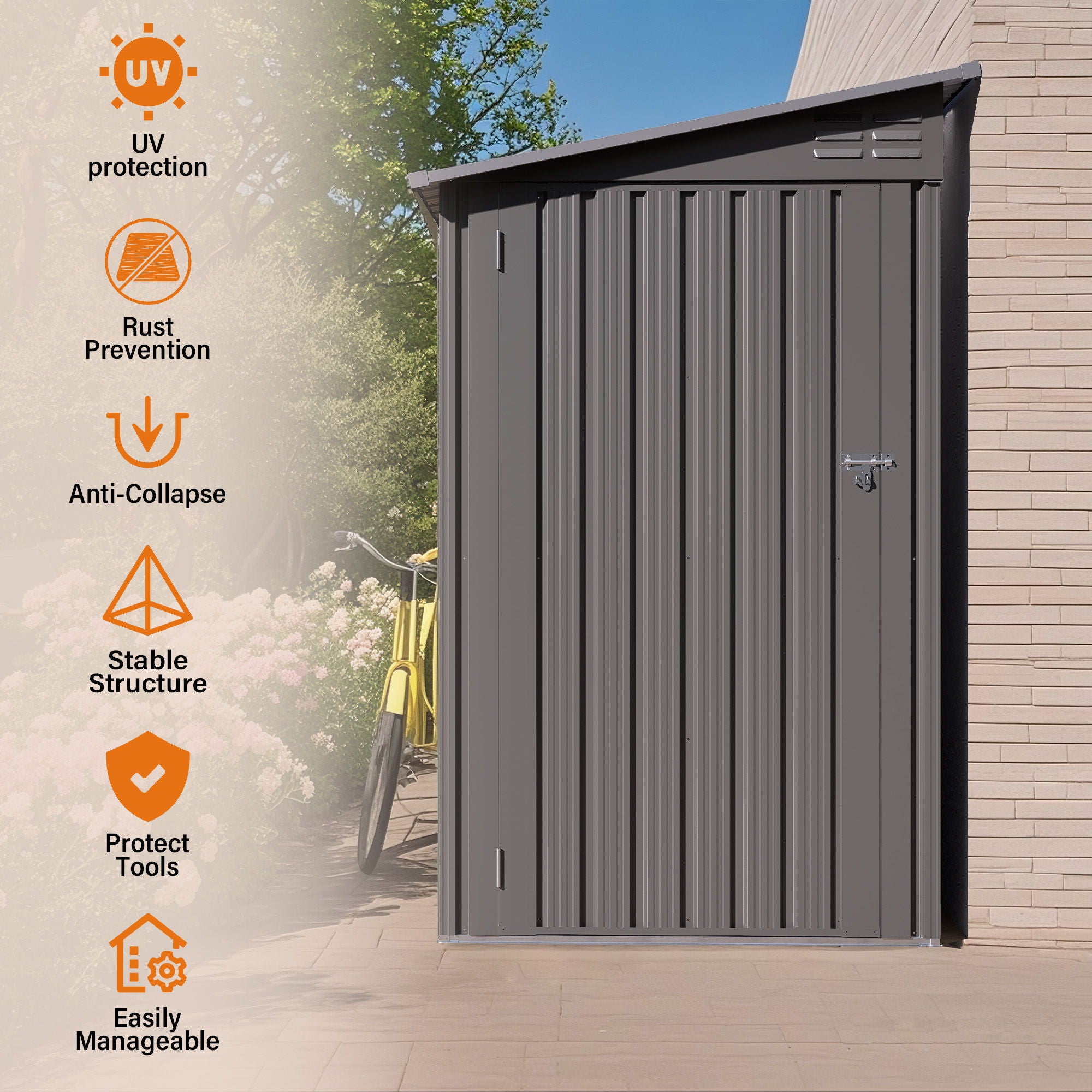 Lean To Shed With Windows, Tool House With Sloping Roof With 2 Vents And 1 Side Open Door For Backyard - Gray