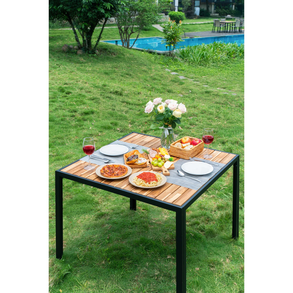 5 Piece Patio Dining Table Set, Acacia Wood Table Top With Umbrella Hole