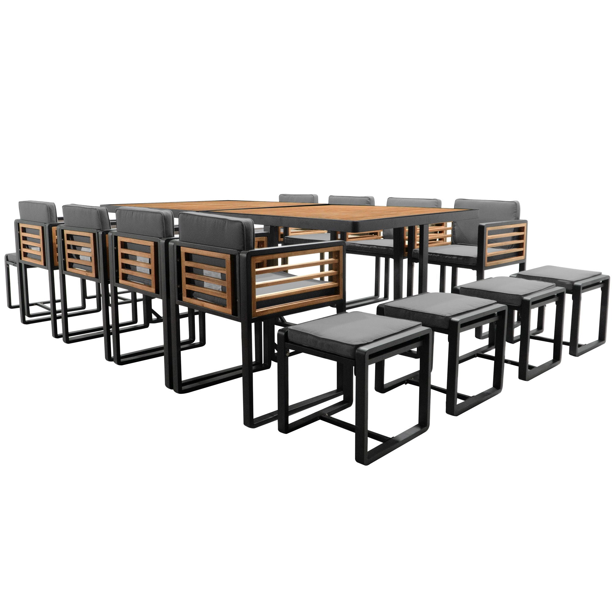 Acacia Wood Patio Dining Set, Cushioned Chairs & Ottomans Square Table