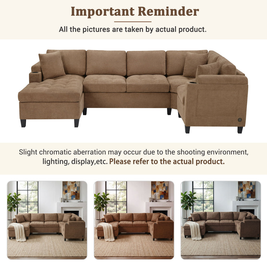U Shaped Sectional Sofa, Corner Living Room Couch With Built In Cup Holders, Storage, USB Ports