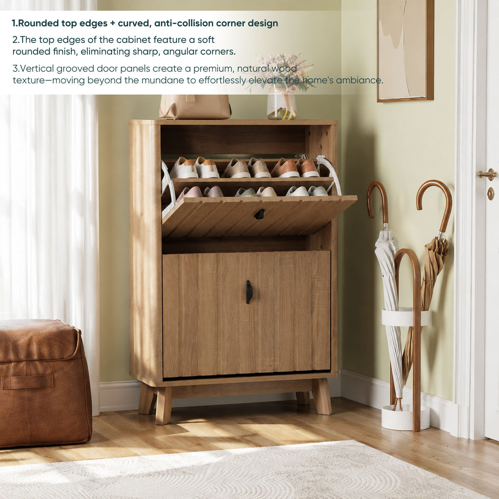 Entryway Shoe Cabinet With Flip Down Storage, Ultra Thin Freestanding Design For Home Use - Oak