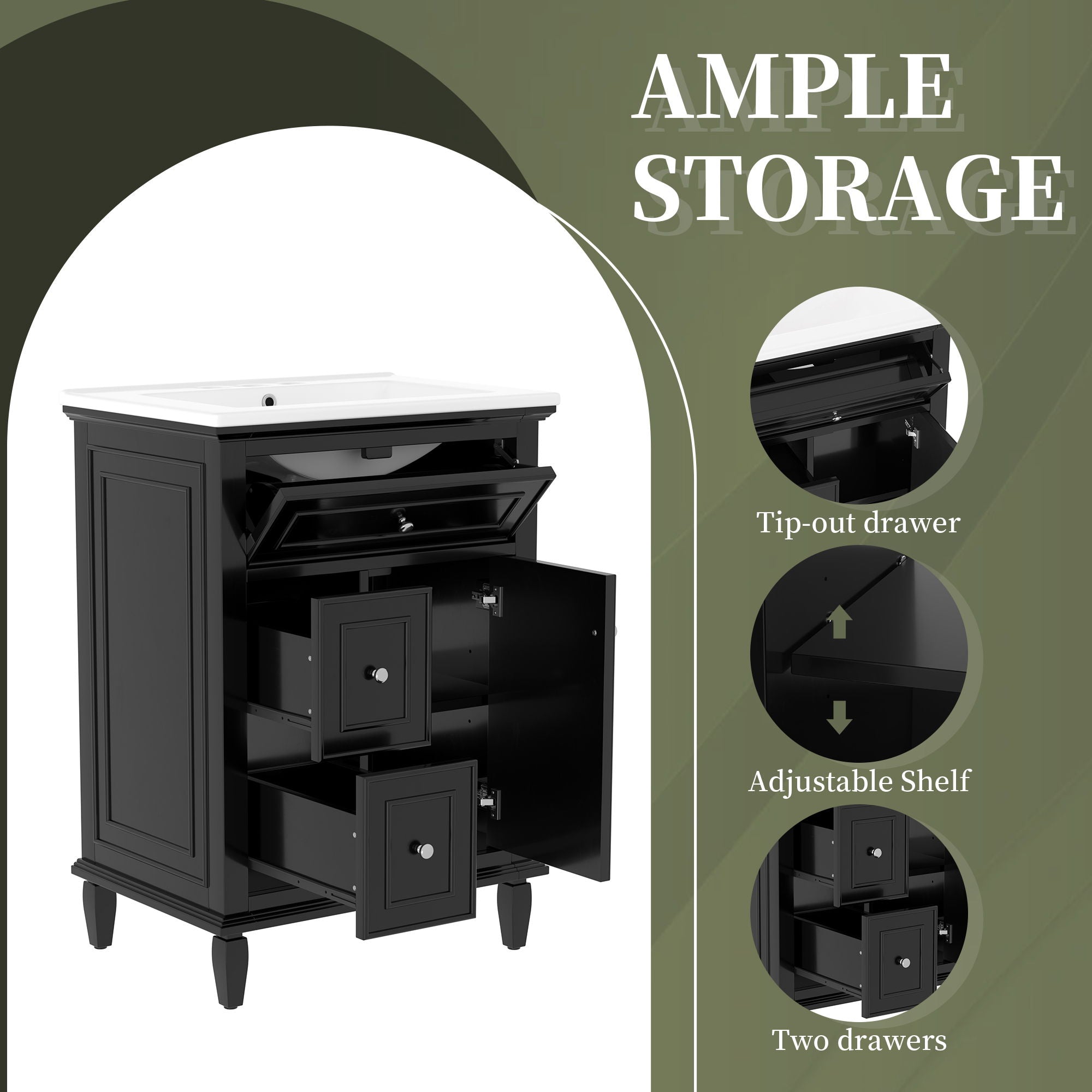 Modern Bathroom Vanity With Sink, Adjustable Shelf, 1 Flip Drawer & 2 Drawers