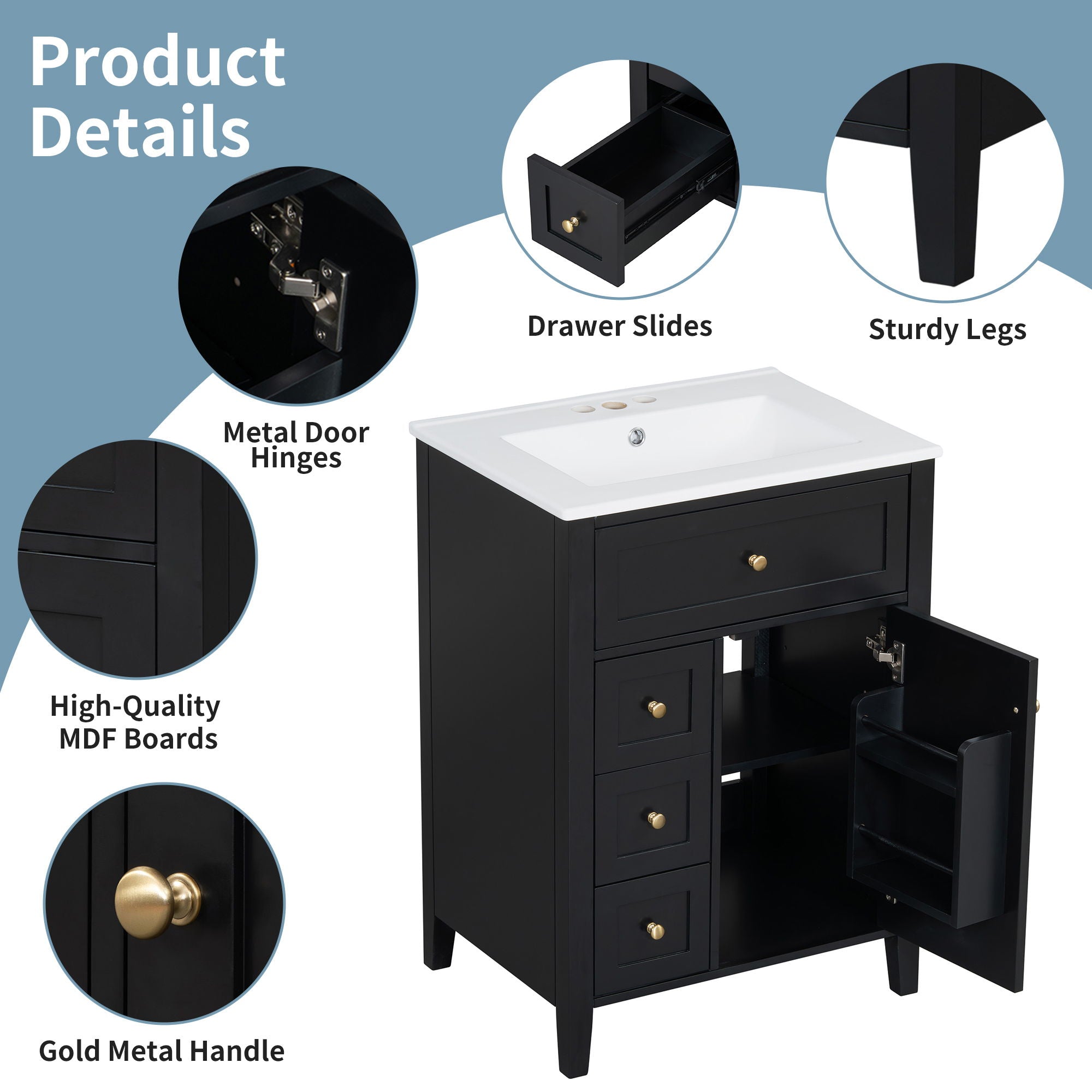 Bathroom Vanity With Sink, 3 Drawers & Cabinet With Adjustable Shelves