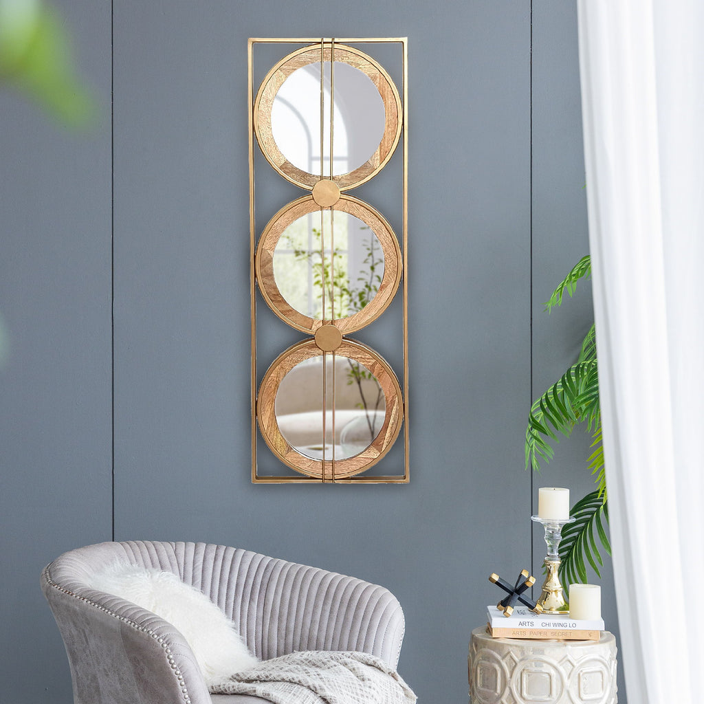 3 Mirror Piece Wall Mirror InRectangular Frame, Home Wall Decor For Bedroom Living Room - Brown