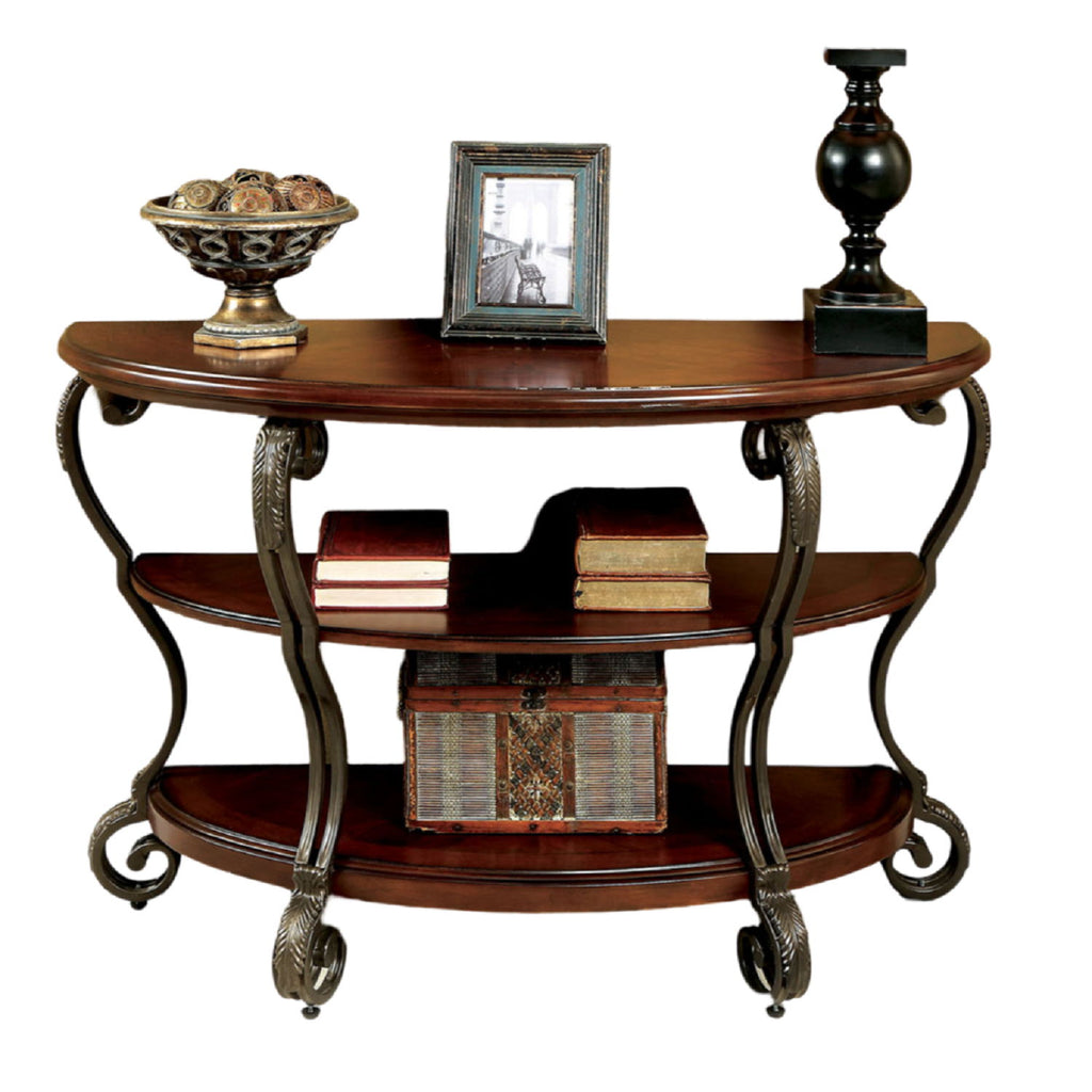 Sofa Table With Open Bottom Shelf And Ornate Scroll Detail Legs - Brown Multi