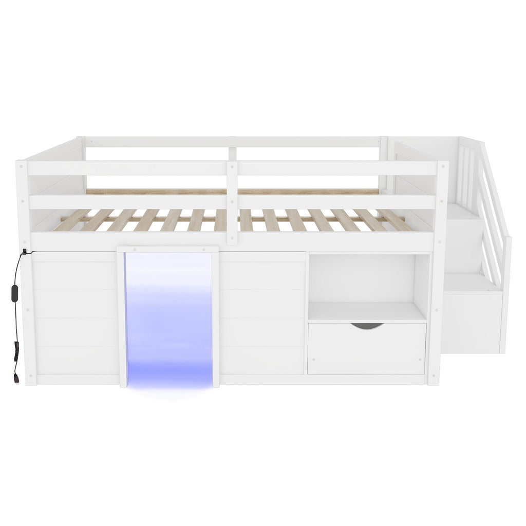 Low Loft Bed Frame With Built In Stairs, Storage Drawer, Shelf And 7 Color LED Light