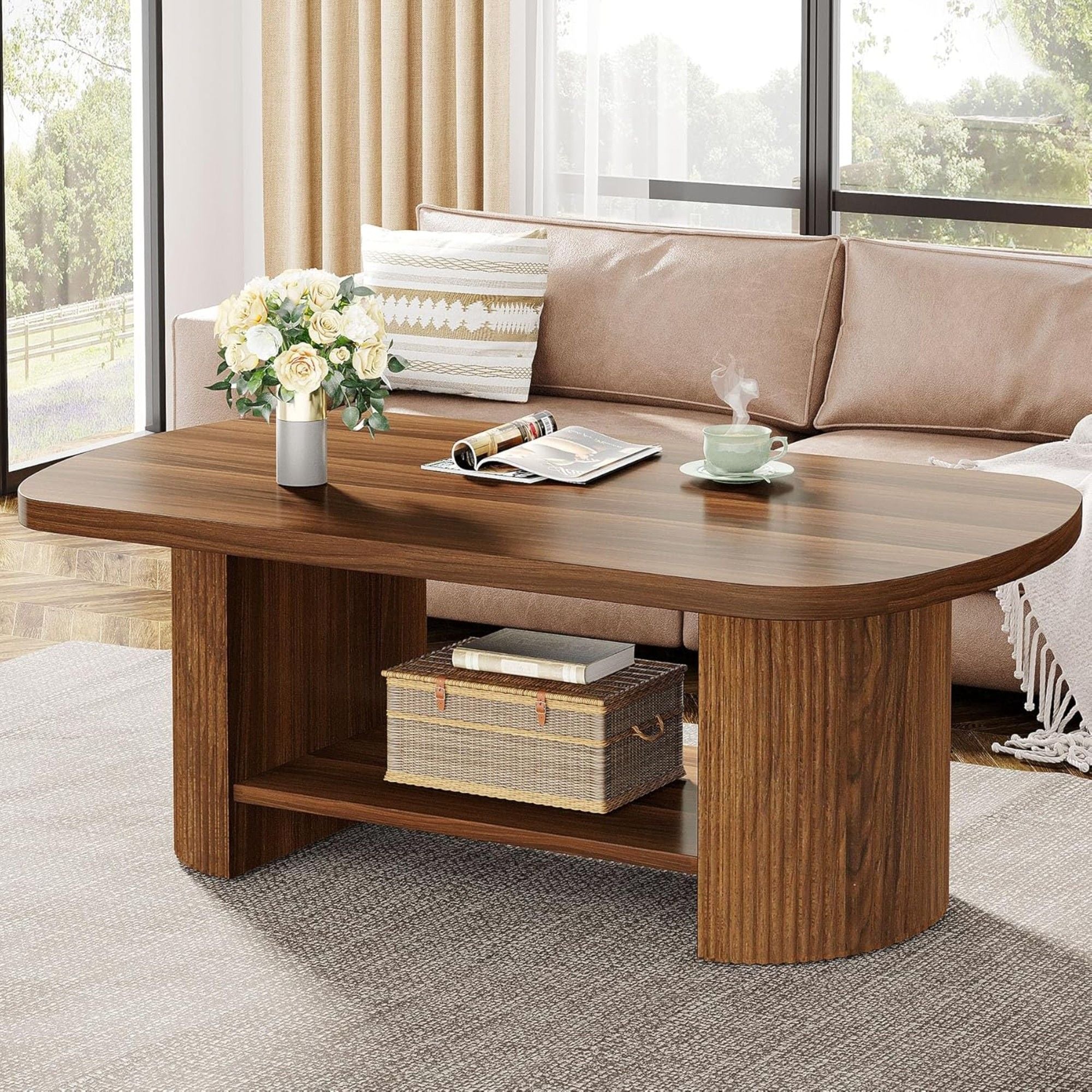 2 Tier Oval Coffee Table With Storage Shelf For Living Room - Rustic Brown
