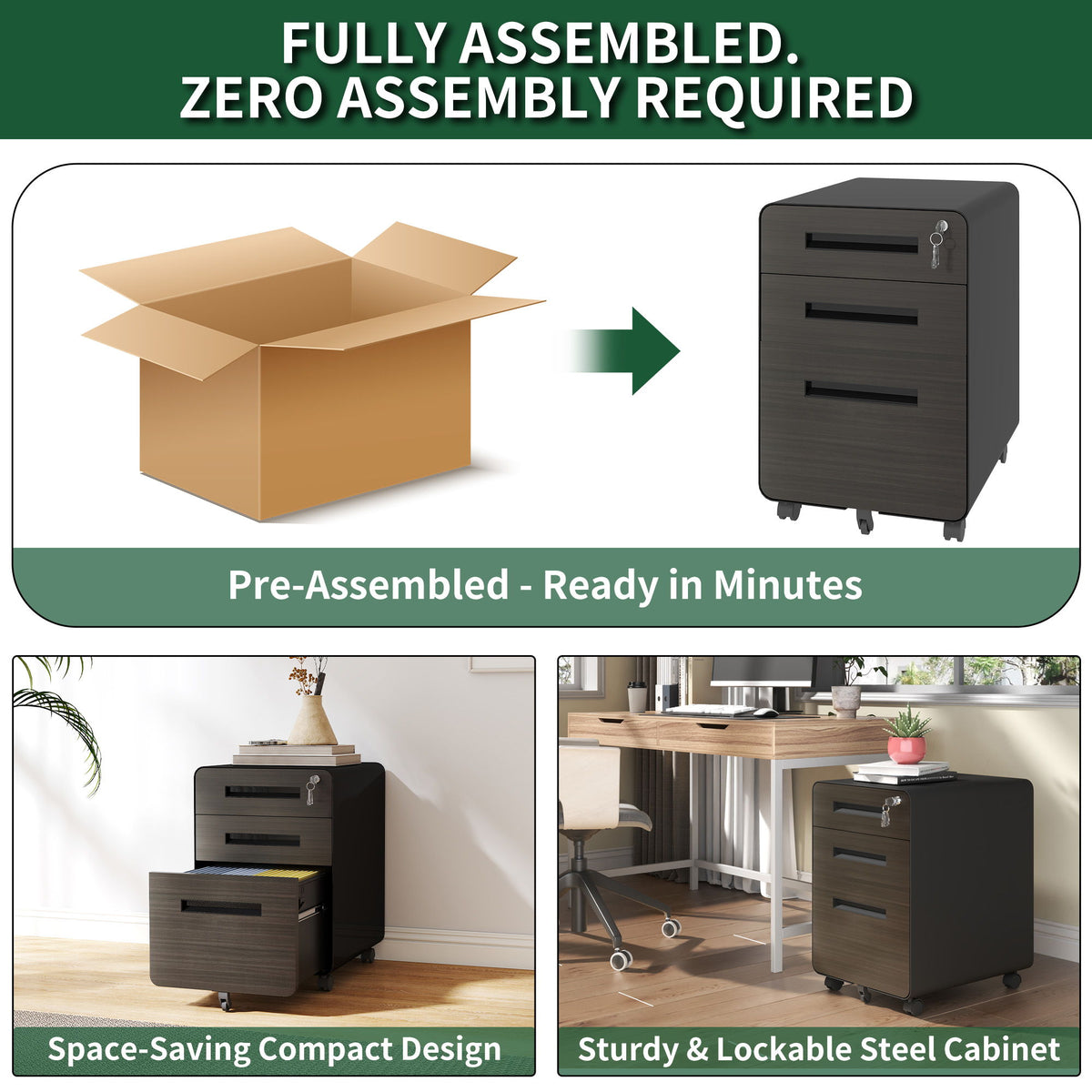 3-Drawer Mobile File Cabinet With Lock, On Casters, Holds A4/Letter Files