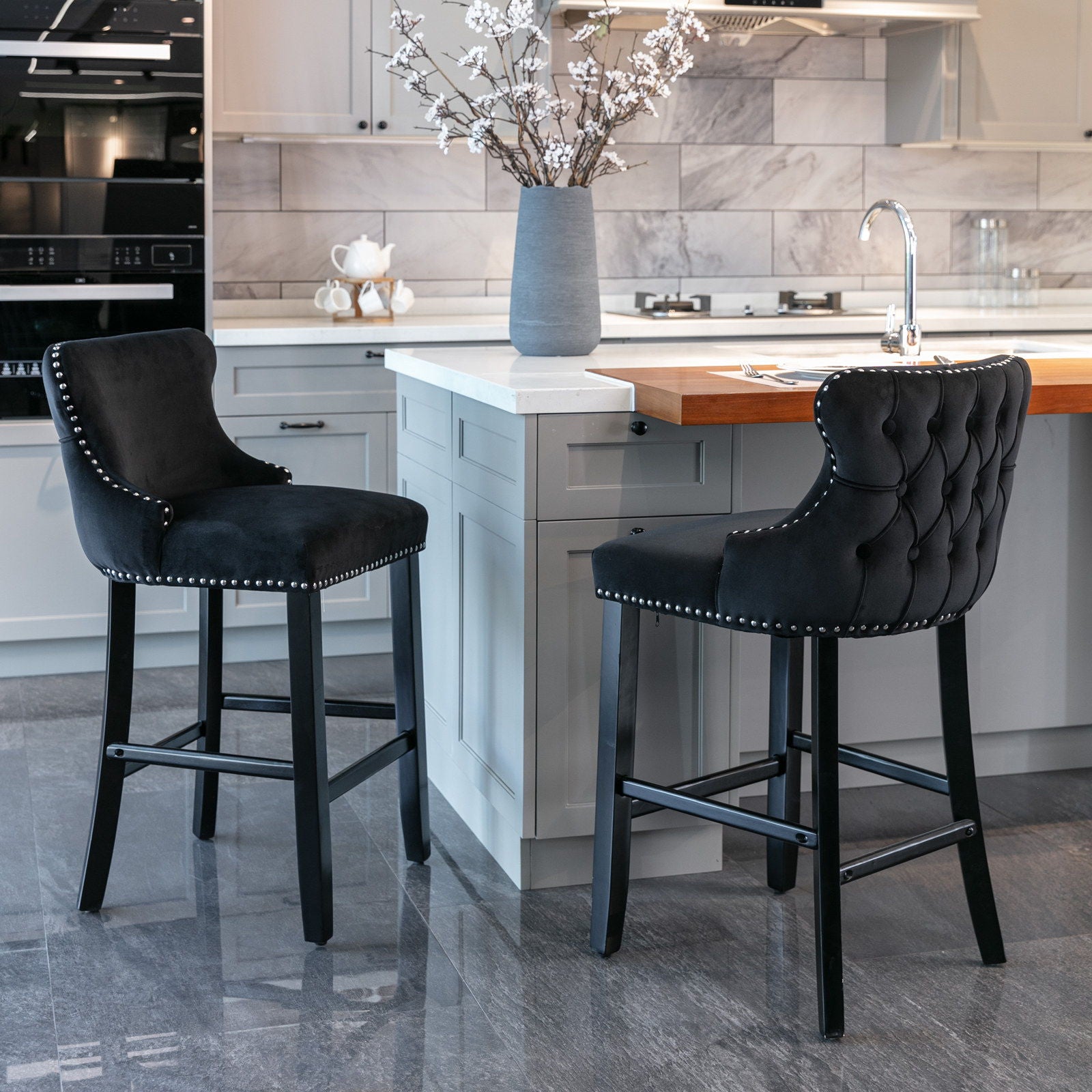 Contemporary Upholstered Wing-Back Barstools With Button Tufted Decoration And Wooden Legs, And Nailhead Trim, Leisure Style Bar Chairs, Bar Stools (Set of 2)