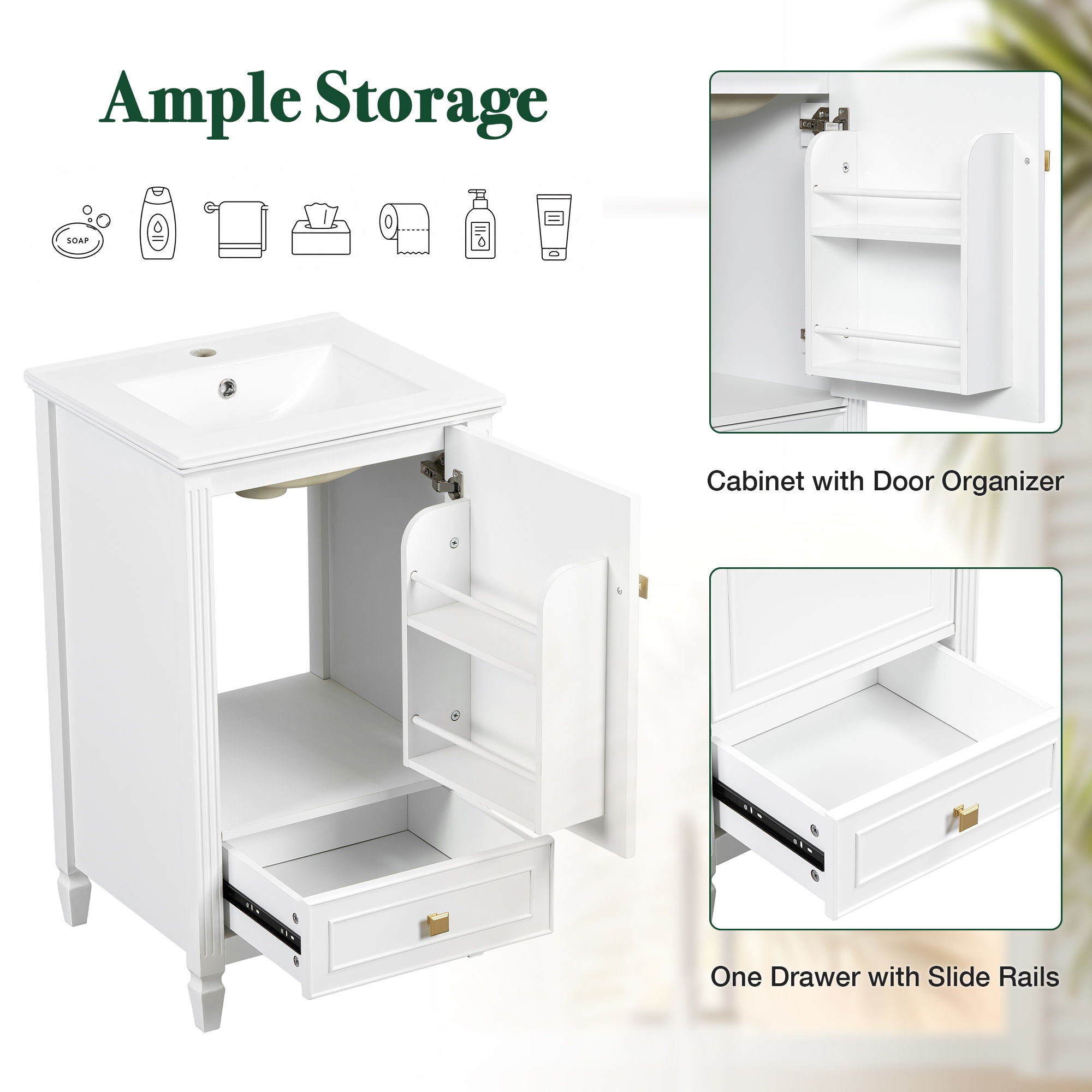 Freestanding Bathroom Vanity With Sink, Soft Closing Door, Drawer Storage - White