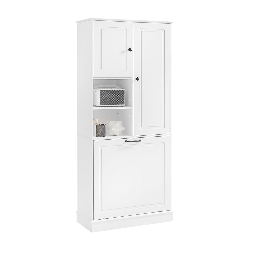 Modern Tall Storage Cabinet With Adjustable Shelves, Flip-Out Basket & Enclosed Doors