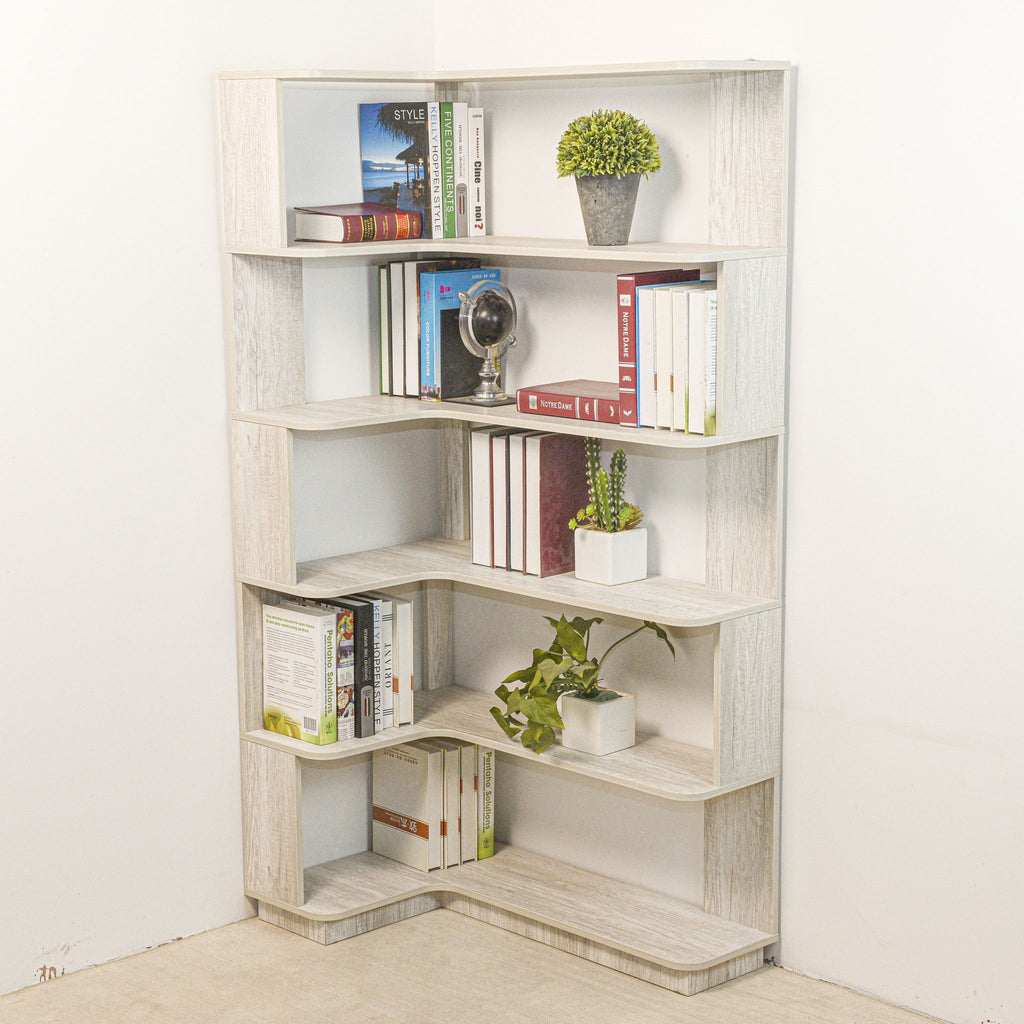 L-Shaped Corner Bookshelf 90Cm Extended Size 5 Tier Freestanding Display Shelf With Anti Tip Safety Features - Light Gray