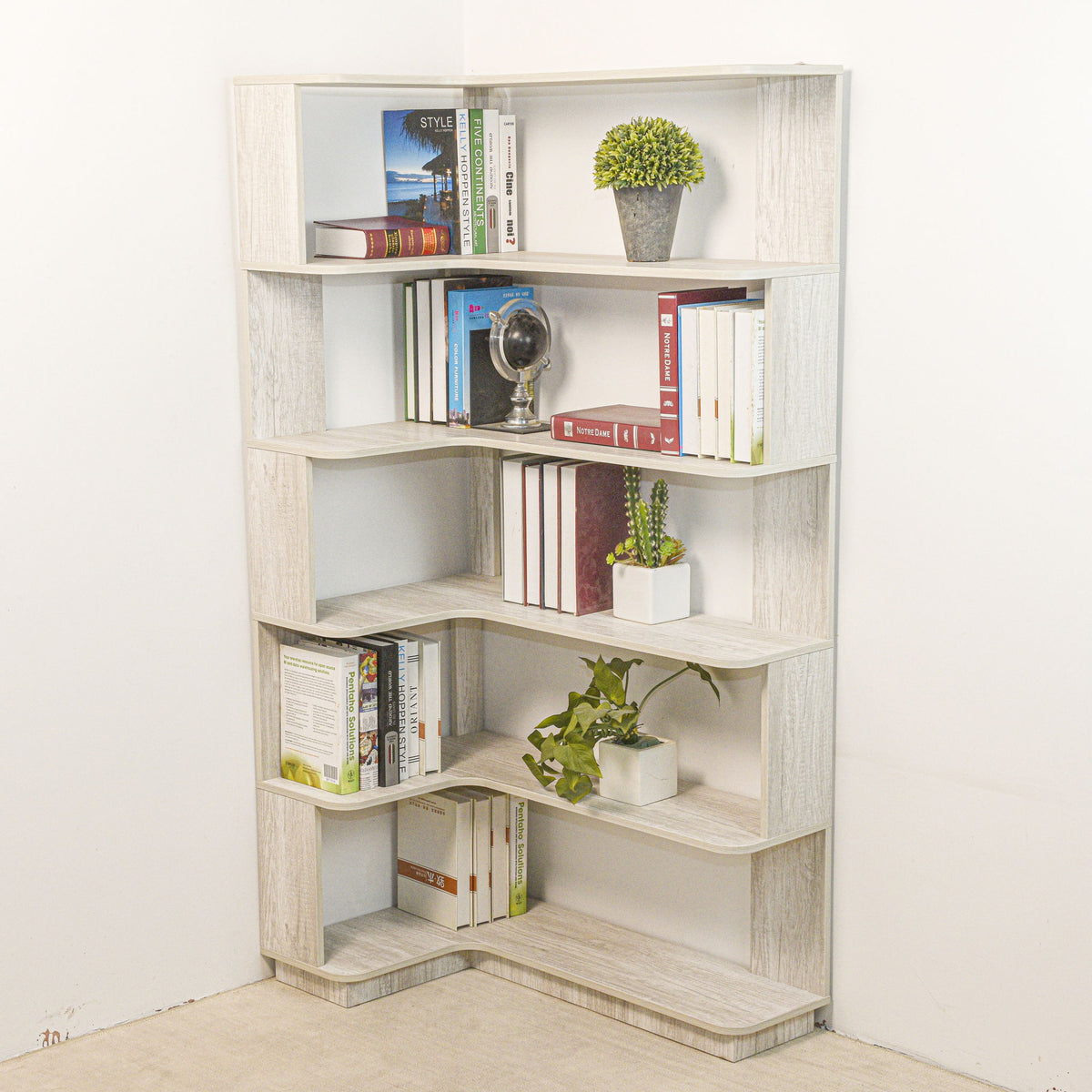 L-Shaped Corner Bookshelf 90Cm Extended Size 5 Tier Freestanding Display Shelf With Anti Tip Safety Features - Light Gray
