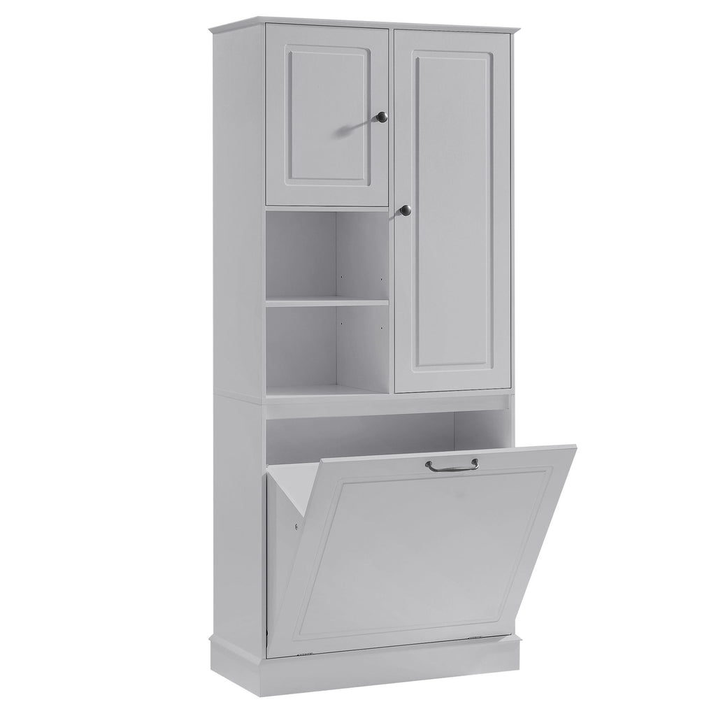 Modern Tall Storage Cabinet With Adjustable Shelves, Flip-Out Basket & Enclosed Doors