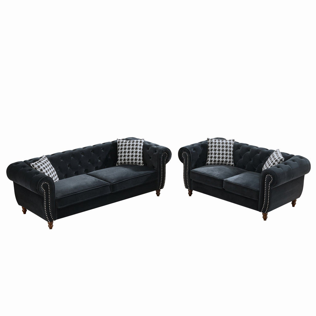 Chesterfield 3 And 2 Seater Upholstery Sofa With Roll Armrest & Nailhead Fabric Couch