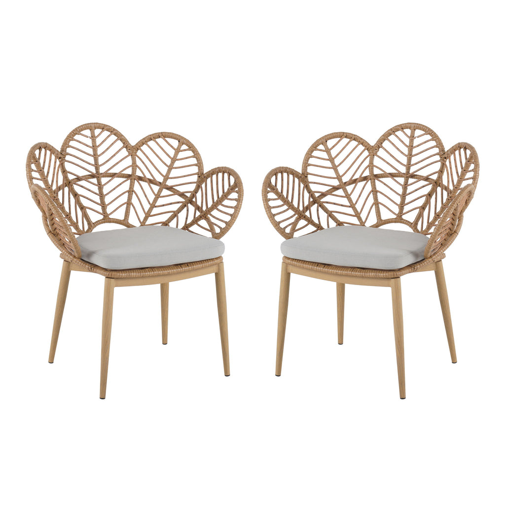Kirk - Outdoor Wicker Peacock Shape Papasan Style Chair, Teak Finished Leg (Set of 2) - Beige / Light Brown / Light Teak