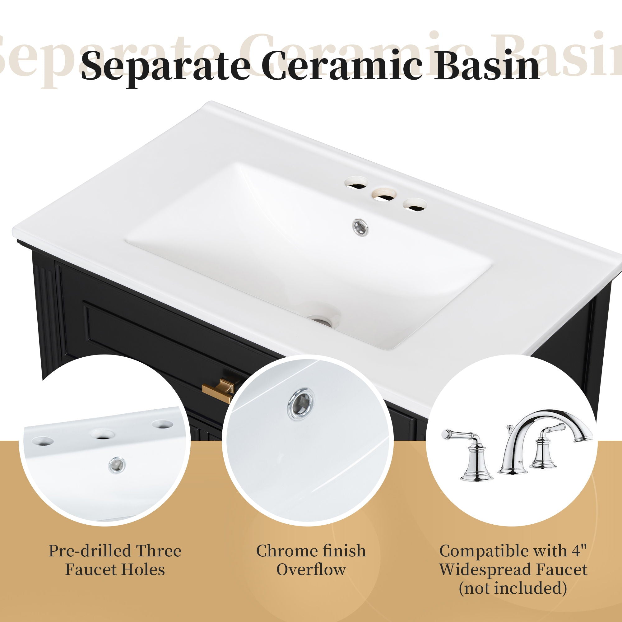 Modern Bathroom Vanity With Sink, 1 Flip Drawer And 2 Drawers, Adjustable Shelf