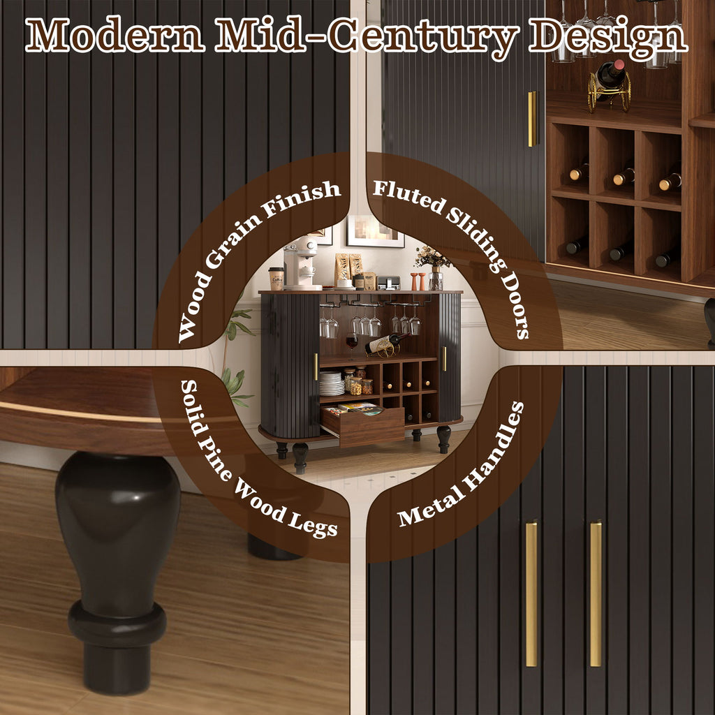 Fluted Liquor & Coffee Bar Cabinet With 6 Wine Racks And 3 Glass Holders