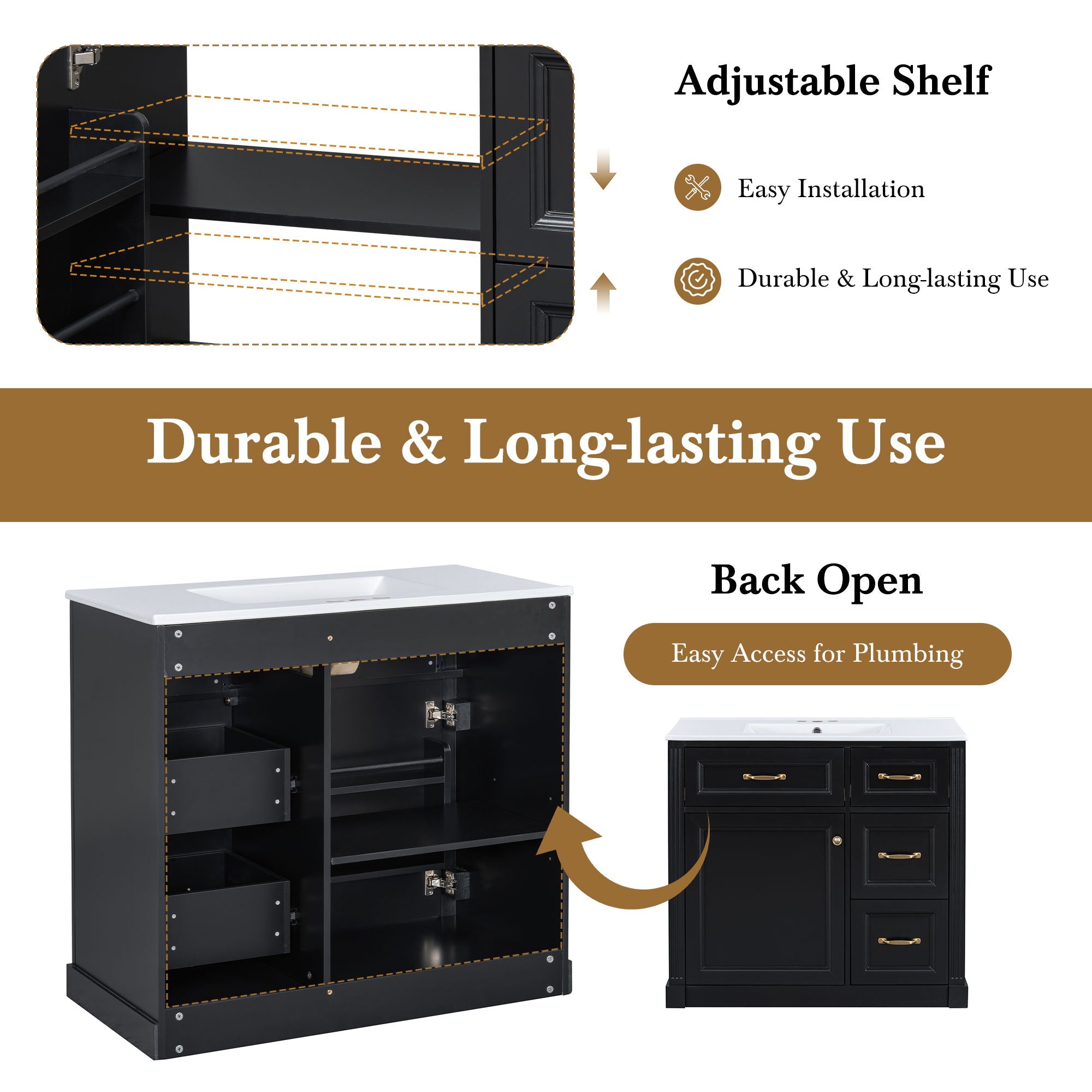 Modern Bathroom Vanity With Sink, 4 Drawers, Soft-Close Door, Adjustable Shelf