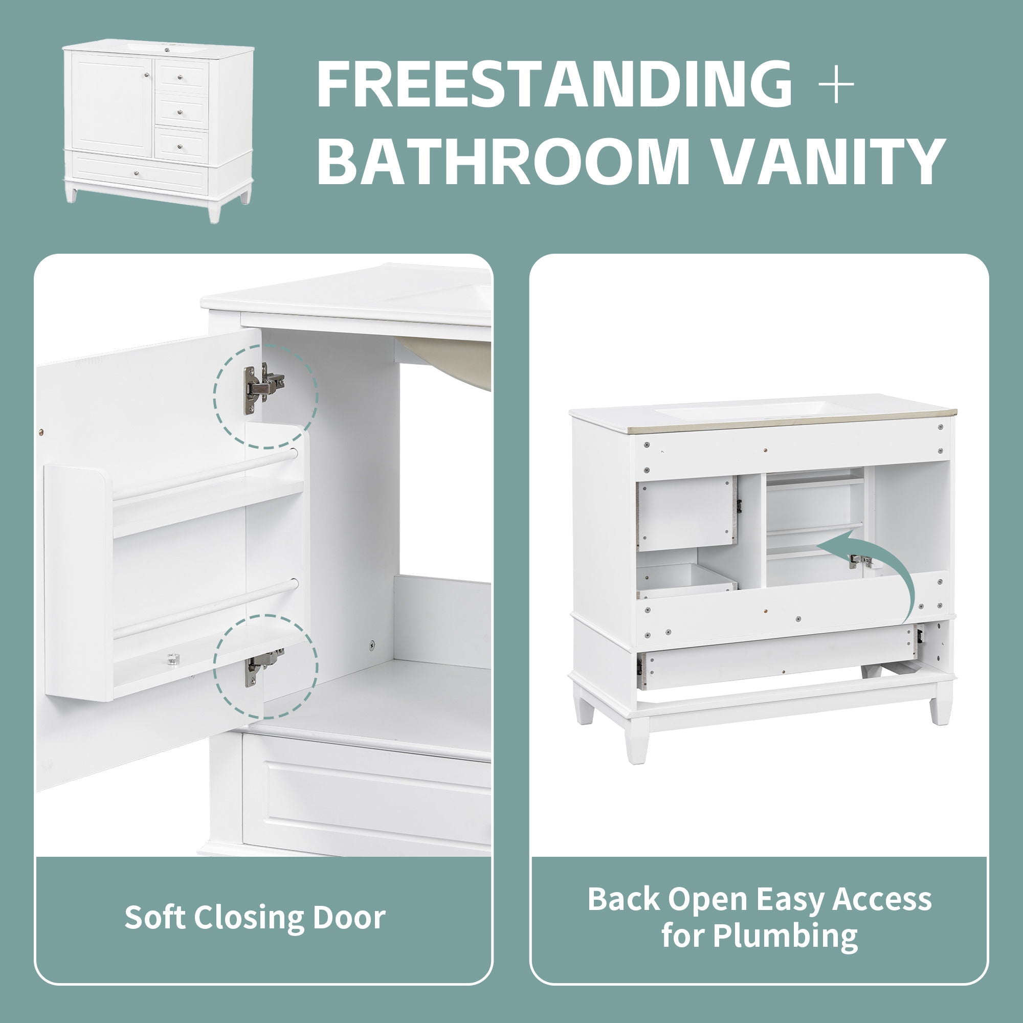 Modern Bathroom Vanity With Sink, 3 Drawers & Cabinet