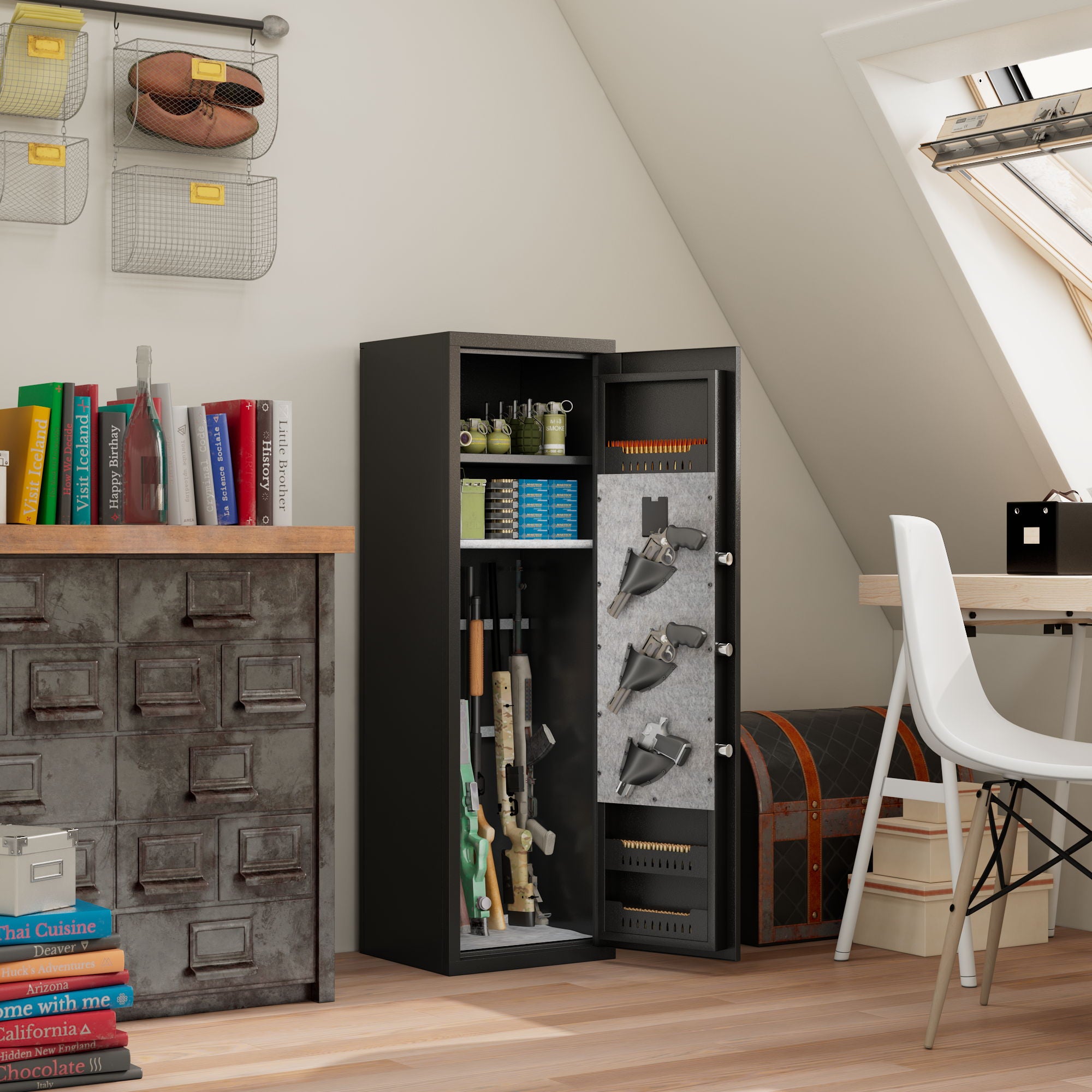 Rifle Safe, Biometric & Keypad Lock, Adjustable Gun Racks With Built In Alarm System