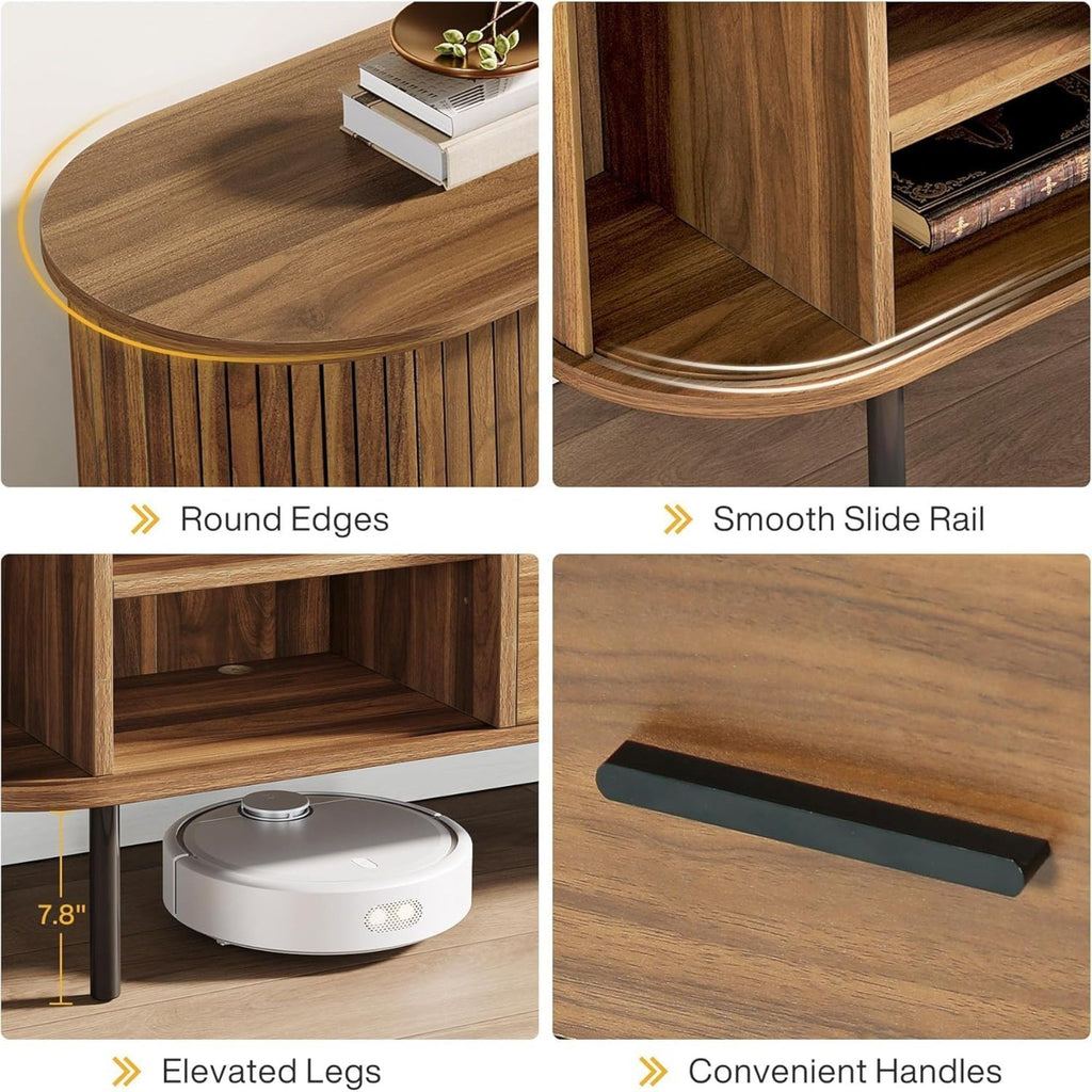 Fluted TV Stand With Tambour Sliding Doors - Walnut