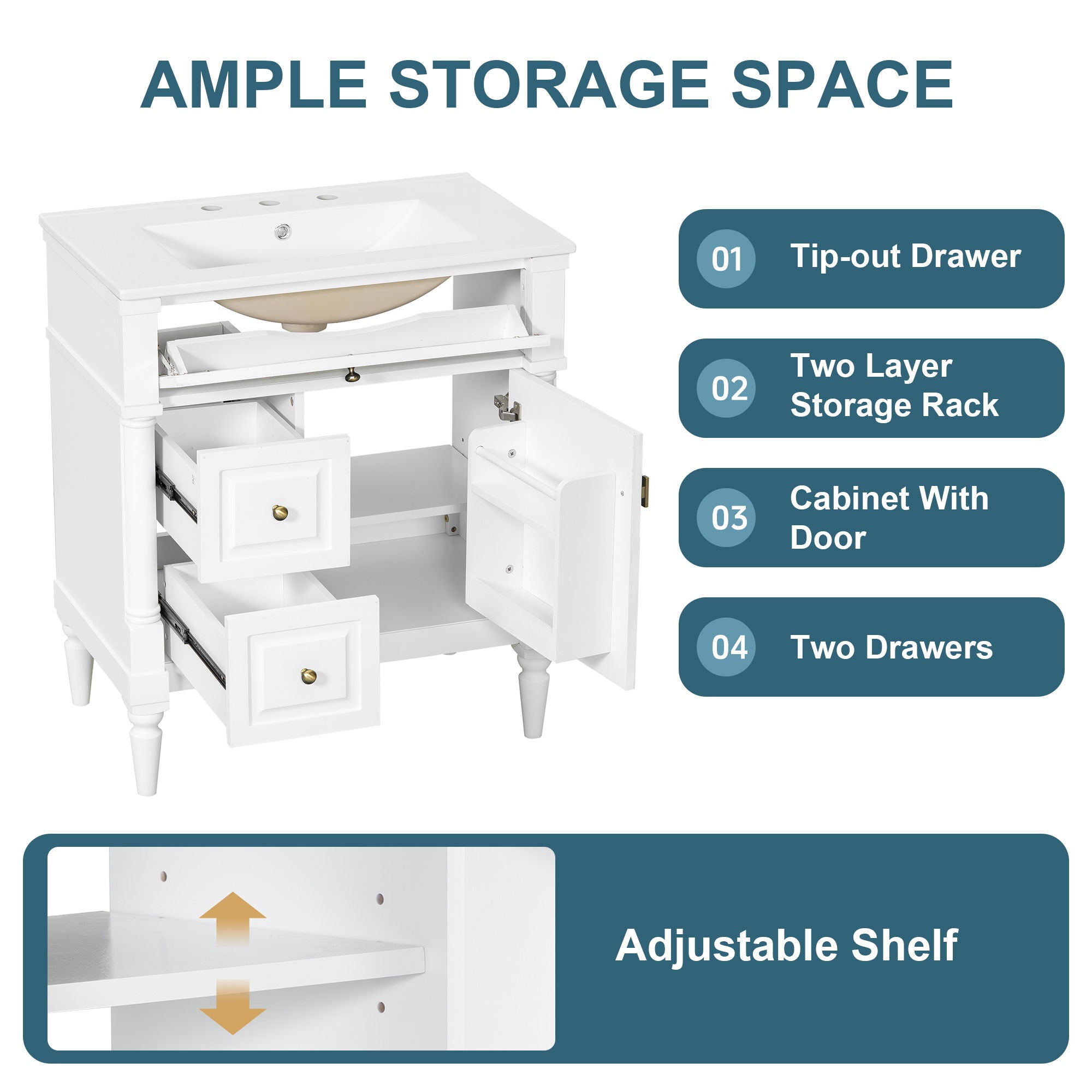 Modern Bathroom Vanity With Sink, Freestanding Cabinet With Flip Drawer & Adjustable Shelf