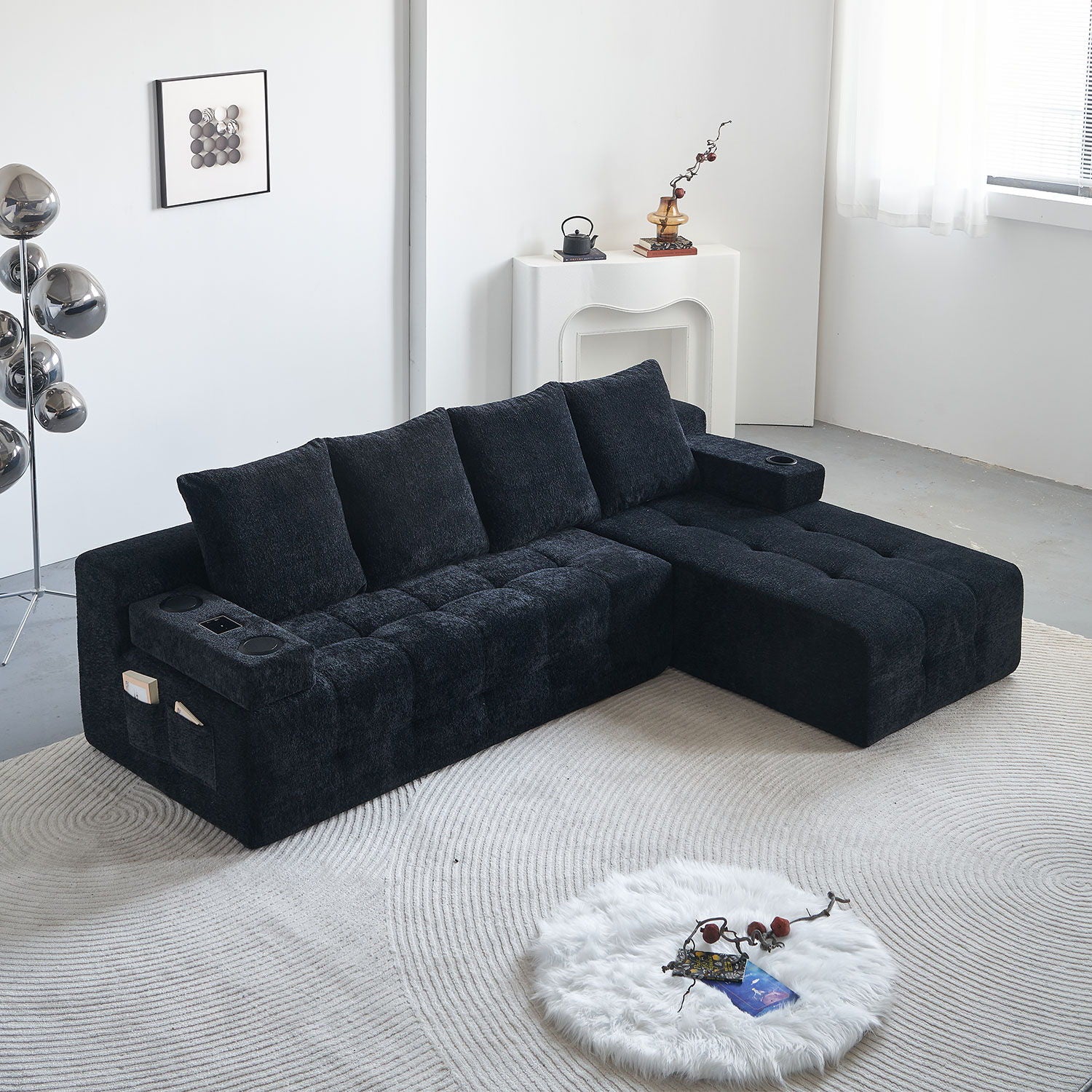 L - Shaped Sectional Sofa With Side Pockets, Wireless Charging, USB Ports, Cup Holder, Bluetooth Speaker, Reversible Lounge Chaise - Black