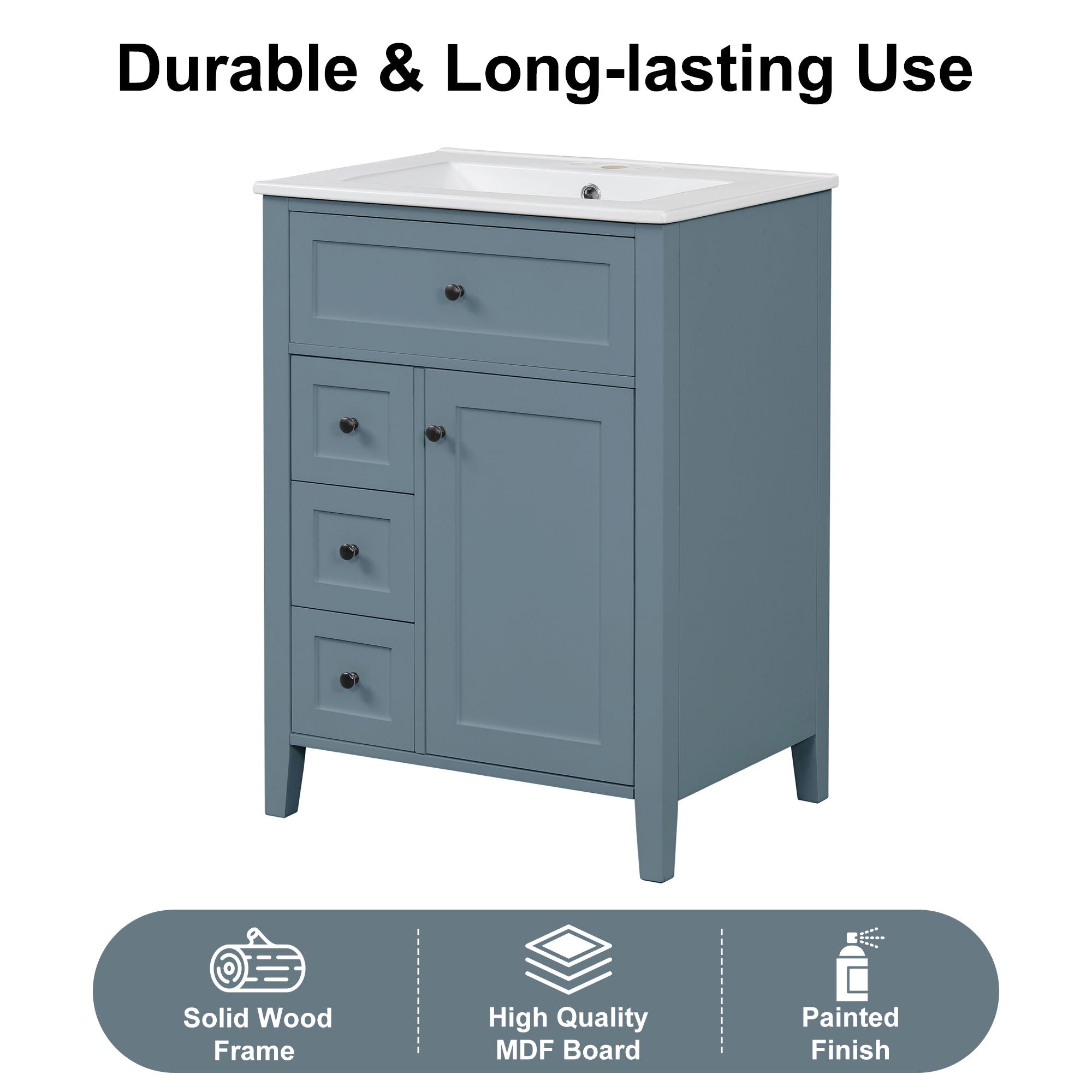 Bathroom Vanity With Sink, 3 Drawers & Cabinet With Adjustable Shelves