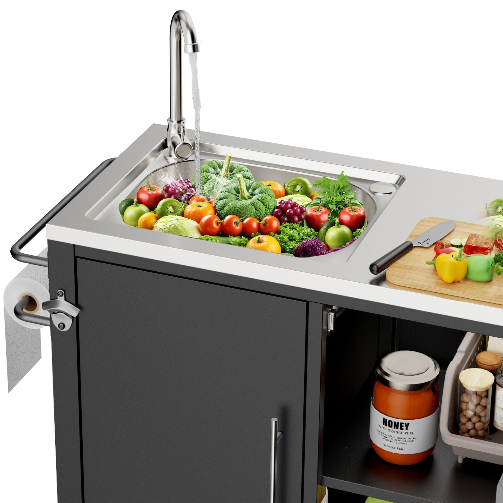 Outdoor Grill Cart With 304 Stainless Steel Sink And Cabinet - Black / Silver