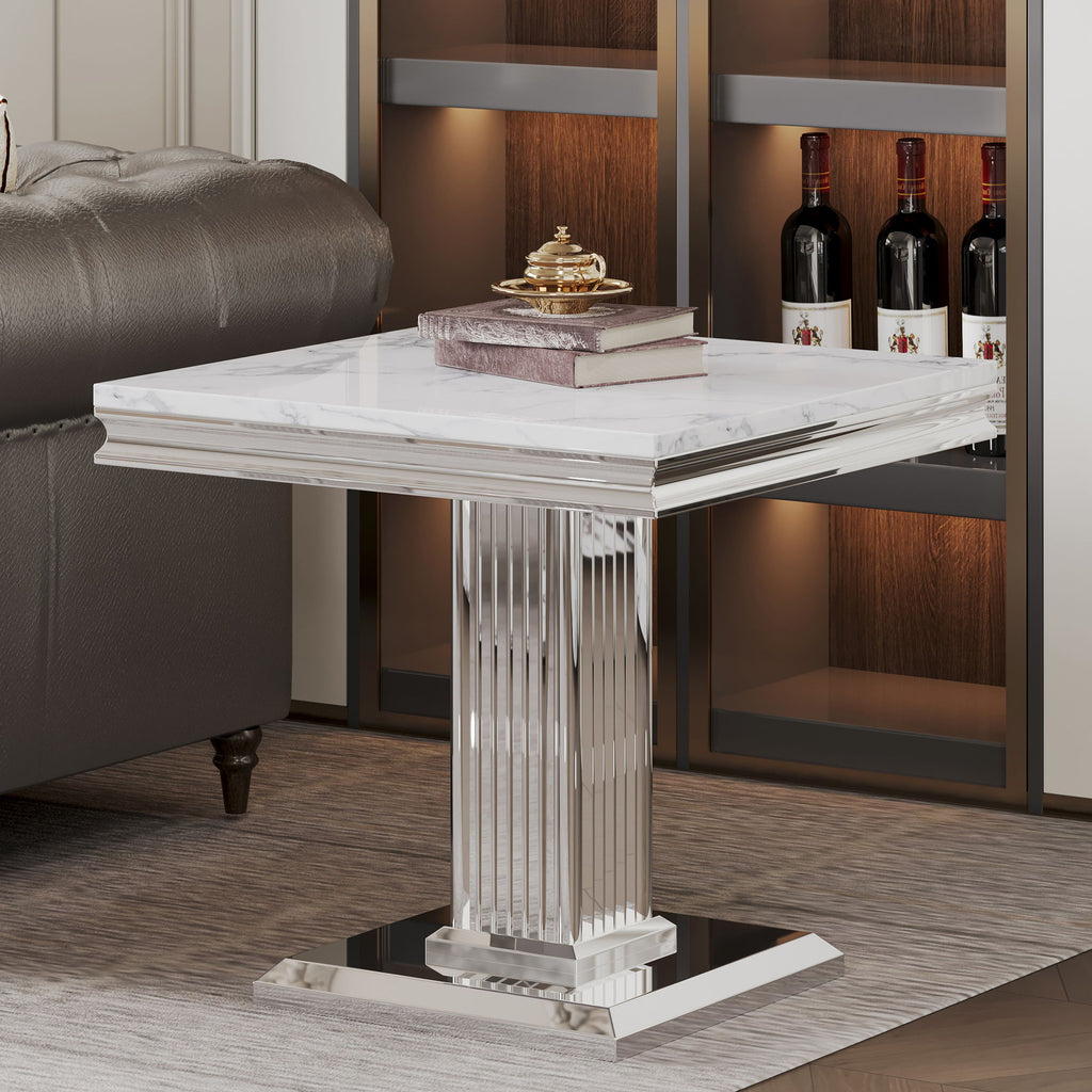 Marble Printed Top Rectangular End Table, Base With Mirrored Finish