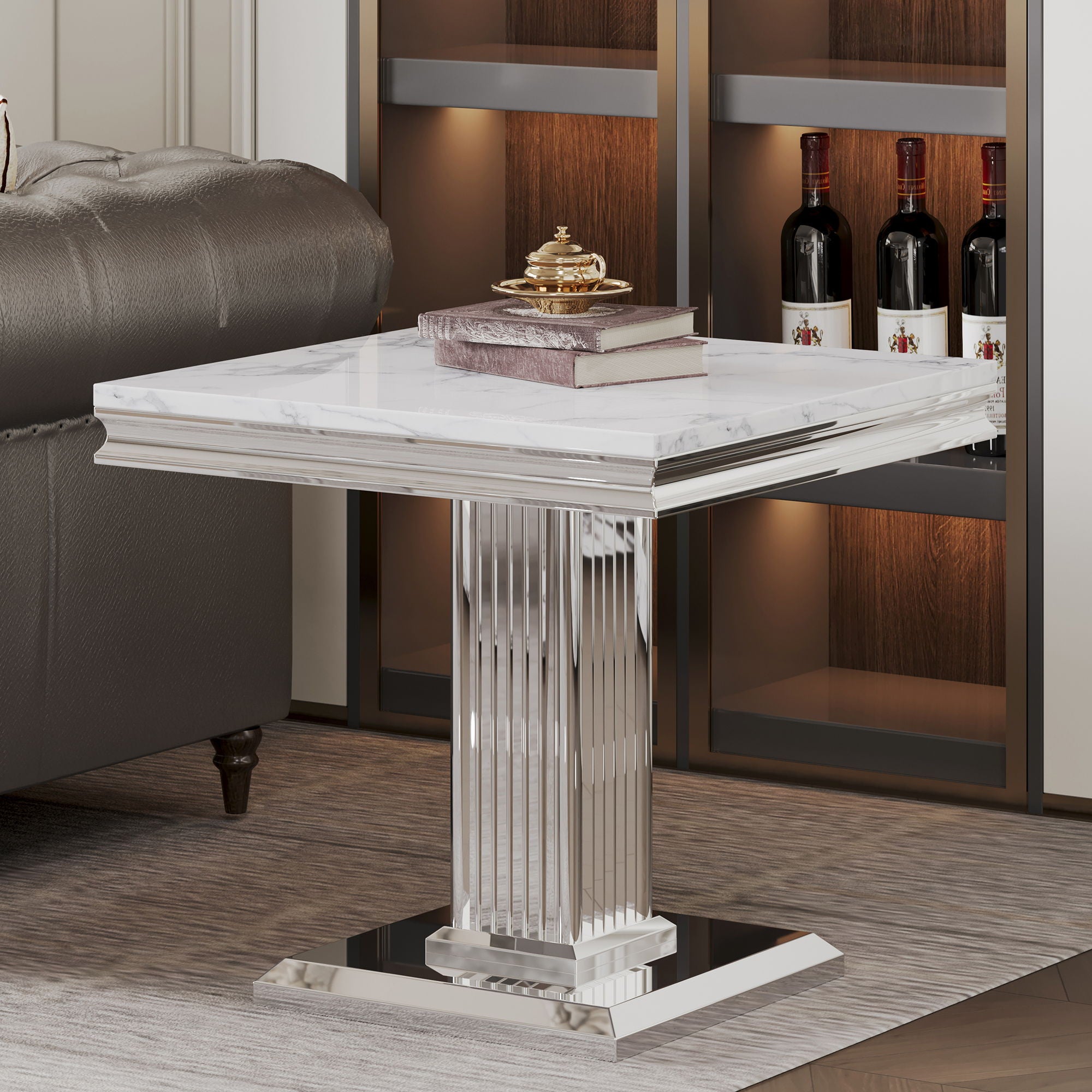 Marble Printed Top Rectangular End Table, Base With Mirrored Finish