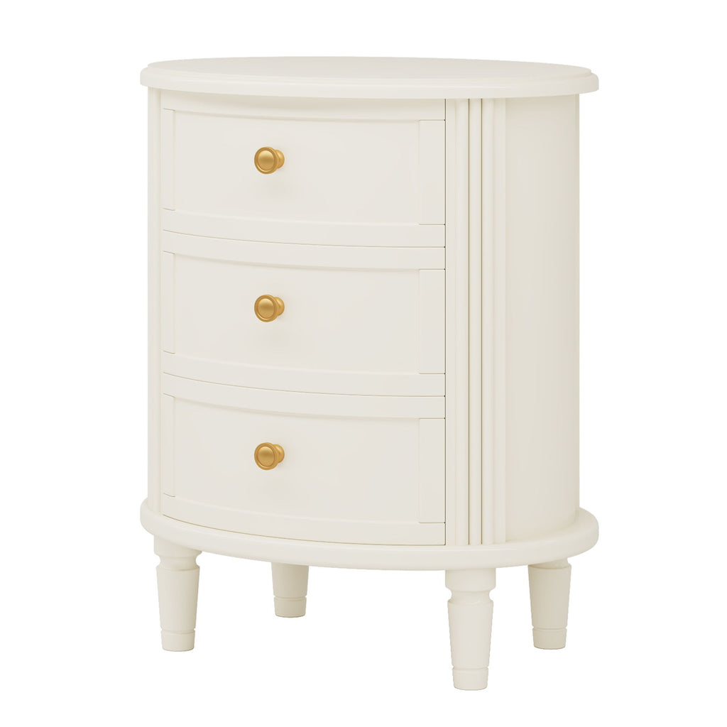 Oval Nightstand With 3 Drawers, Bedside Table - White