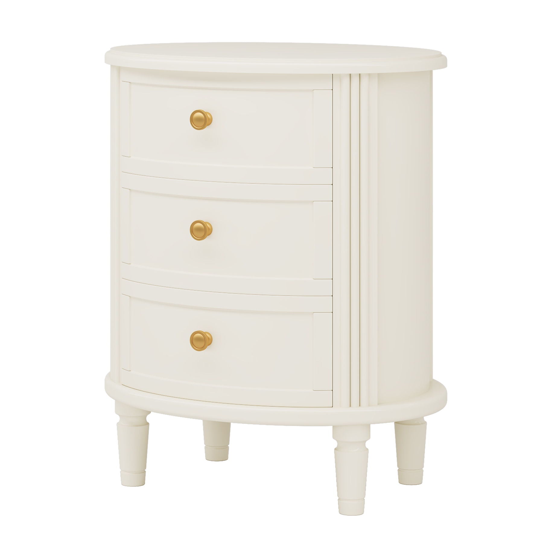 Oval Nightstand With 3 Drawers, Bedside Table - White