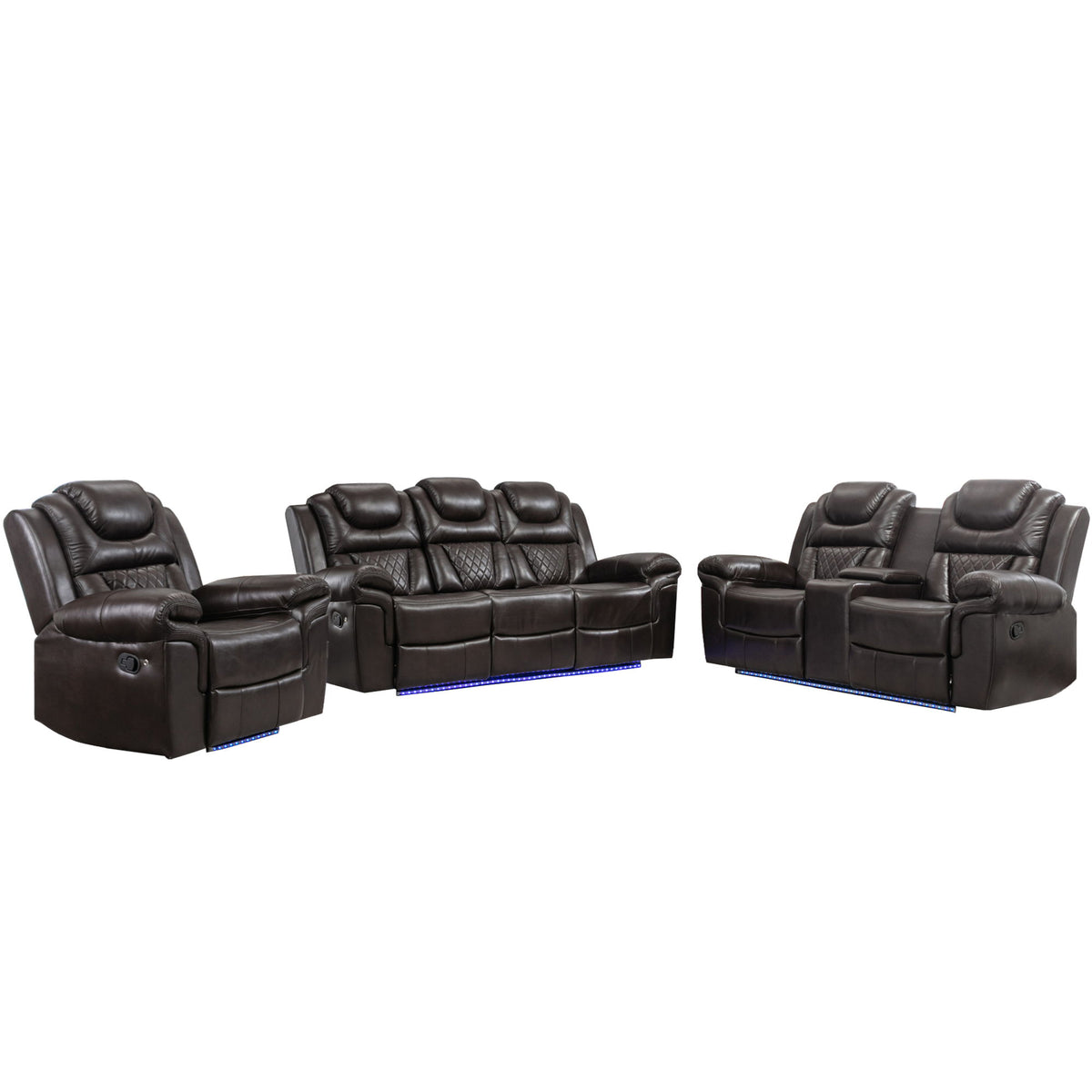 3 Pieces Recliner Sofa Sets Home Theater Seating Manual Recliner Chair & Center Console And LED Light Strip For Living Room - Brown