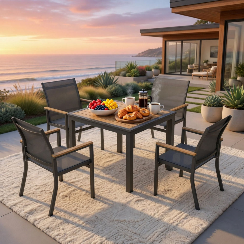 Gray Aluminum Patio Dining Set With Textilene Chairs, 5 Piece All Weather Outdoor Table And Chair Set For Patio, Porch, Garden