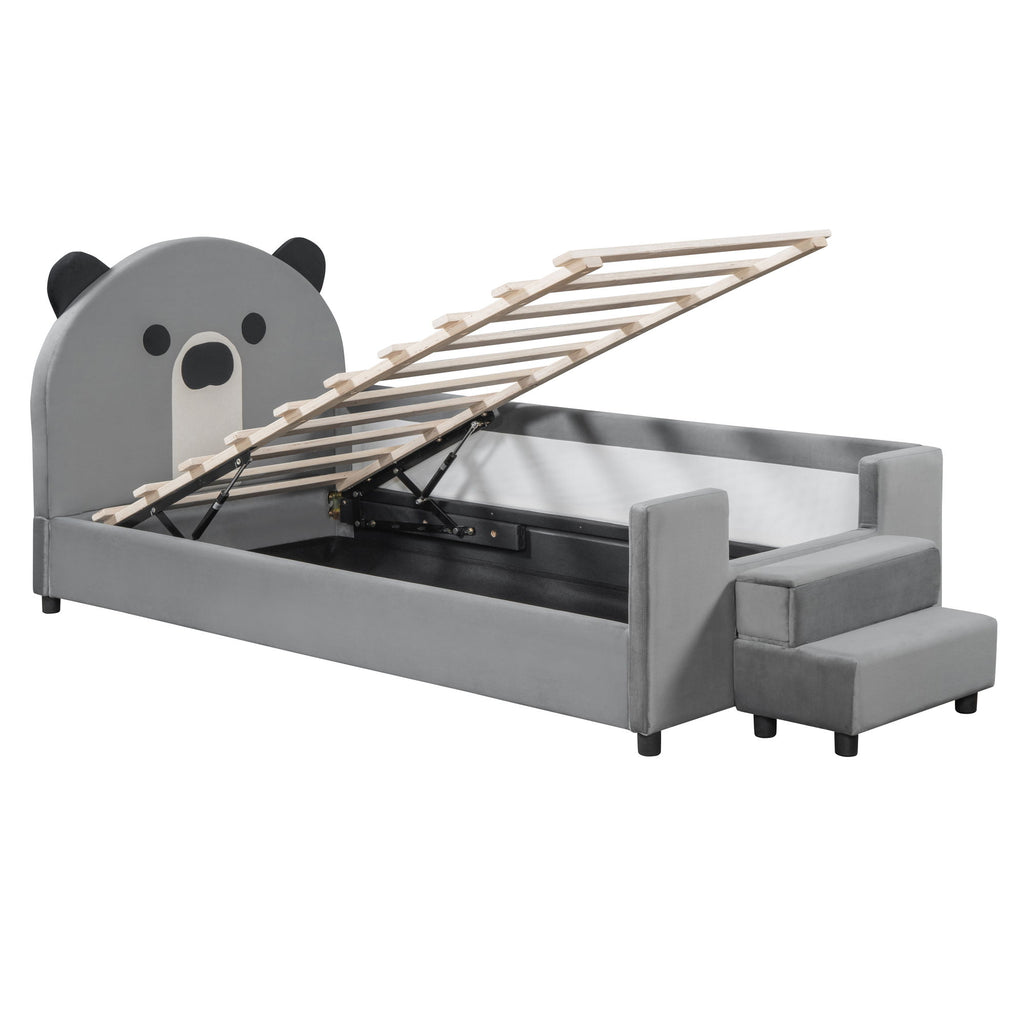 Upholstered Daybed With Bear Shaped Headboard, Hydraulic System And Breathable Fence