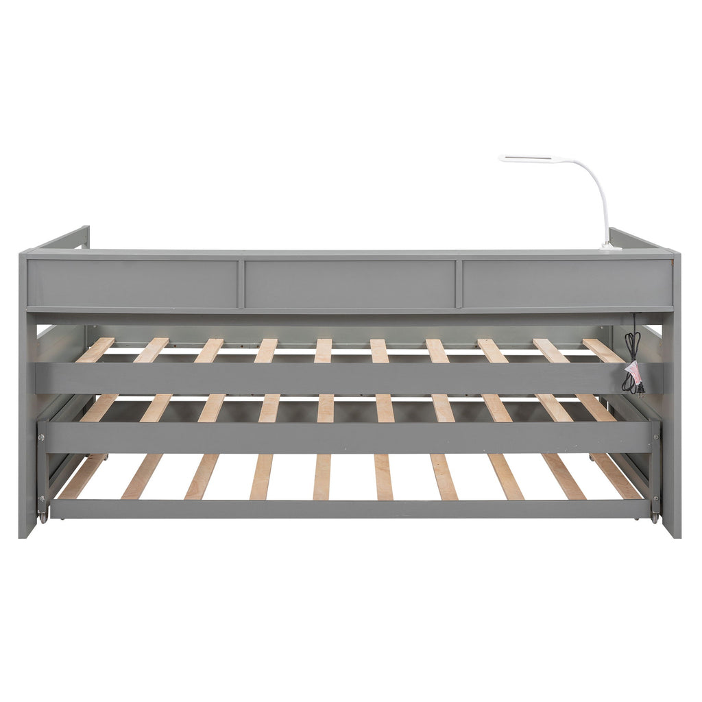 Daybed With 2 Trundles, 3 Storage Cubbies, Built In USB Charging Light