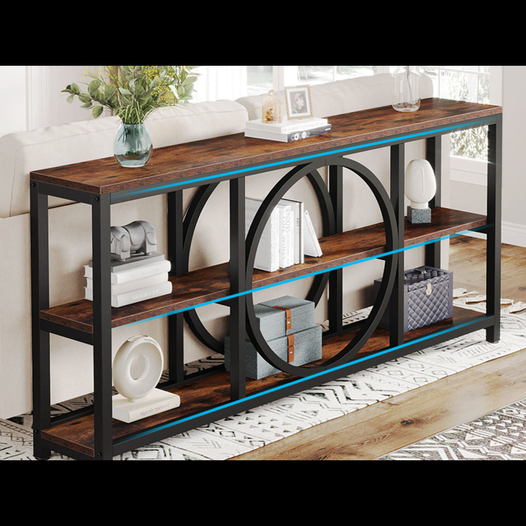 Extra Long Console Table With 3 Tier Open Shelves And Circular Frame - Brown / Black