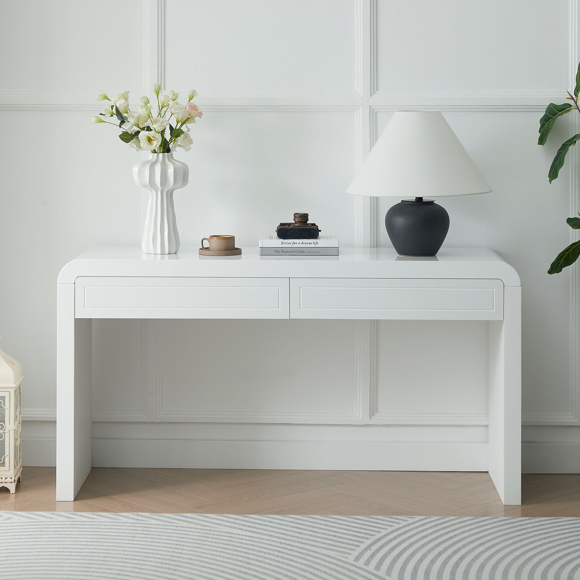 Curved Console Table With Storage, 2 Drawers - White