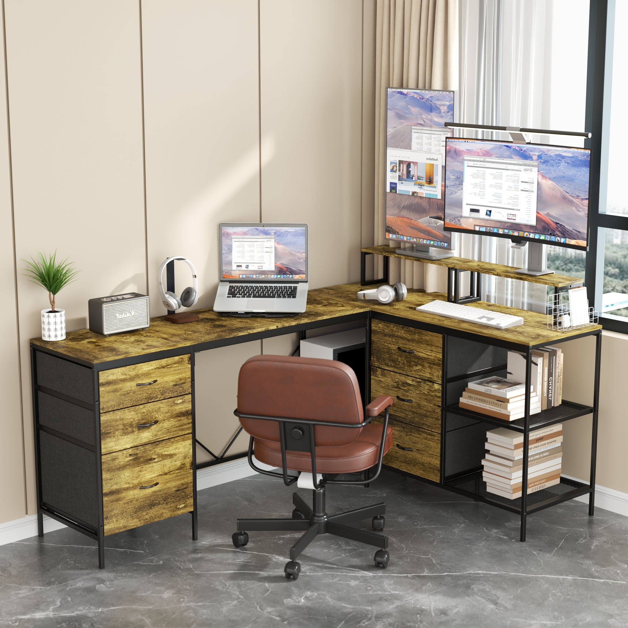 Industrial L Shaped Computer Desk With Power Outlets & USB-C, 6 Fabric Drawers, 3 Open Shelves, Movable Monitor Stands - Brown