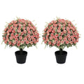 Artificial Rose Decoration With UV Resistant Silk Petals, Durable Stems In Cement Pot, Indoor Outdoor Potted Floral Arrangement - Green / Pink