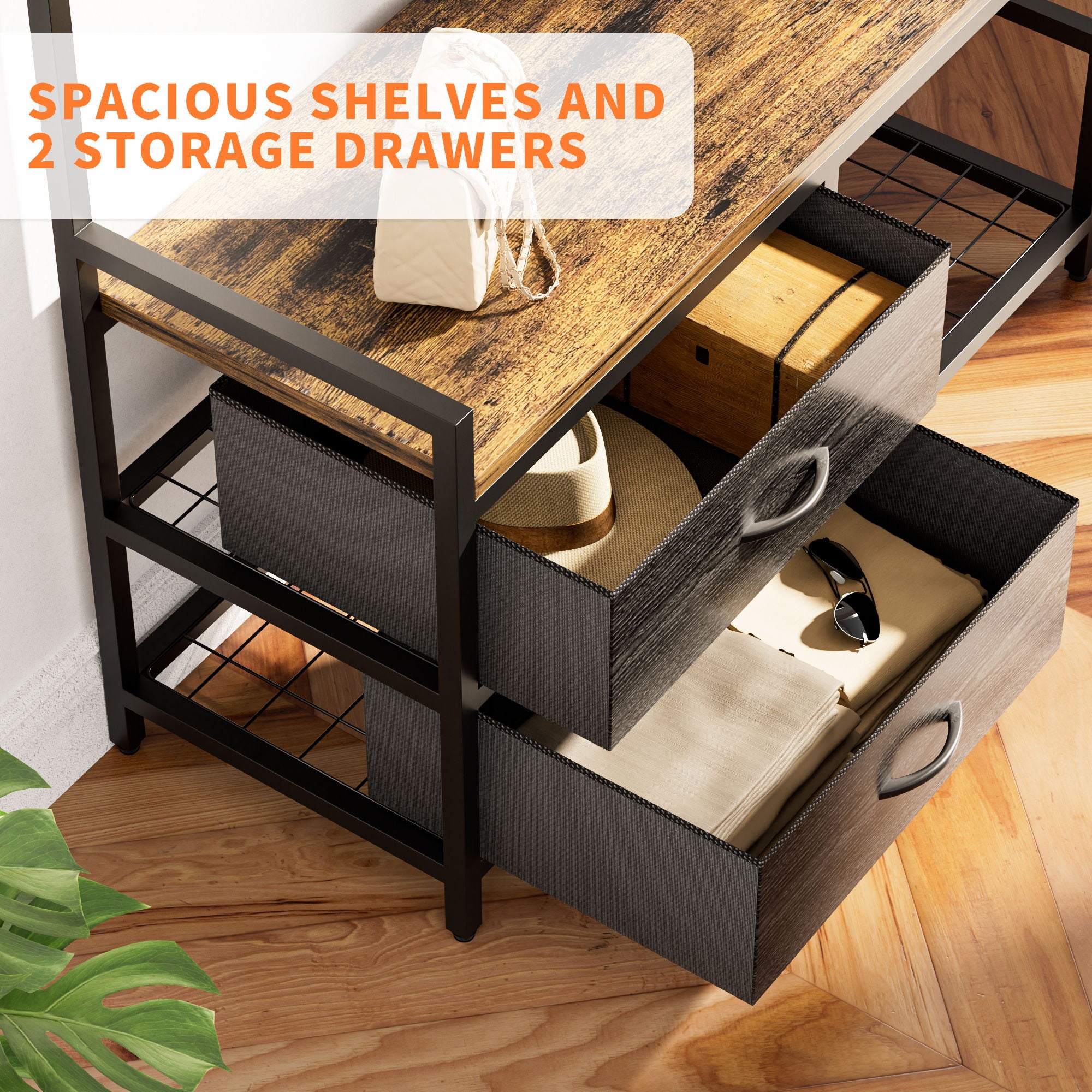 Hall Tree With 2 Movable Drawers, Shoe Storage, Shelves, Garment Racks, And 23 Hooks For Entryway - Rustic Brown