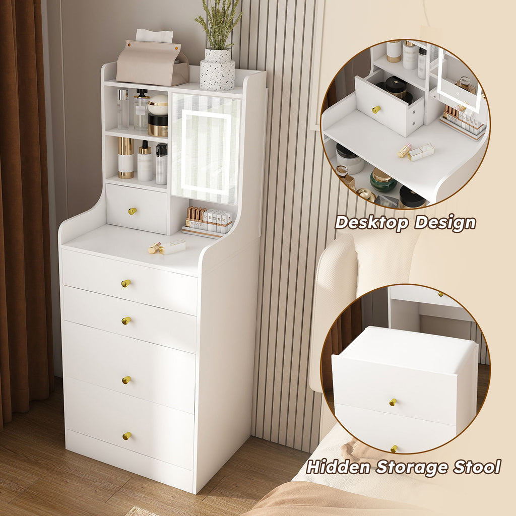 3 In 1 Dressing Table With LED Mirror & Storage Stool, Compact Makeup Vanity - White
